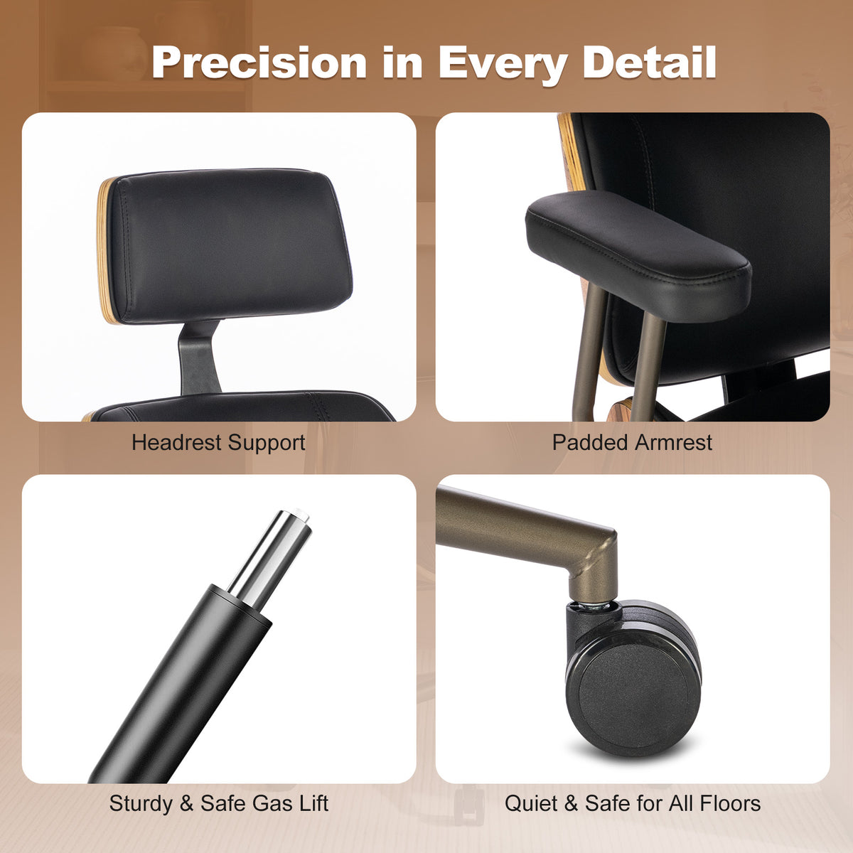 Mid Century Walnut PU Leather High Back Office Chair with Headrest, Black | Curved walnut back & seat, high-back with headrest, PU leather, padded armrests, executive swivel & rolling for home office