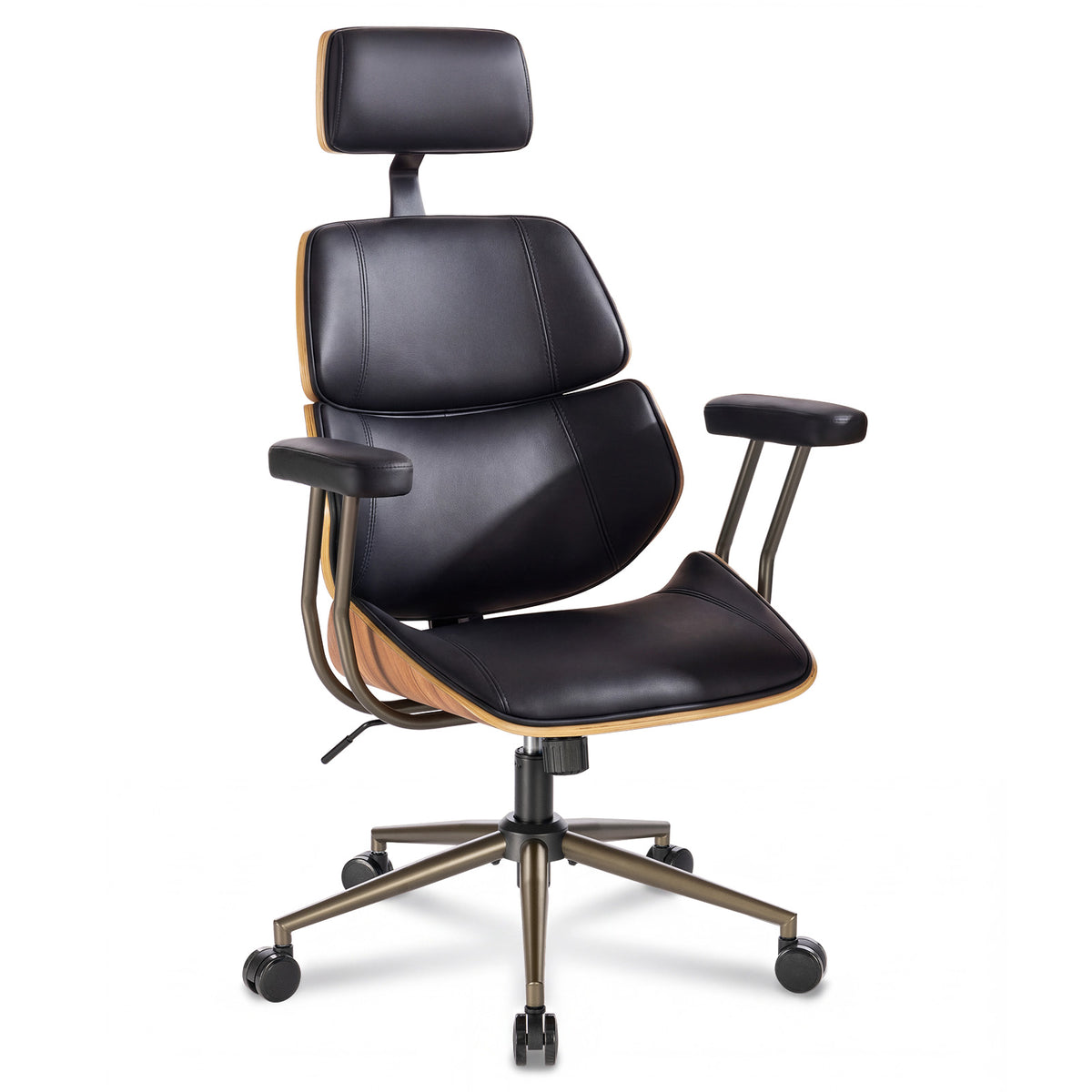 Mid Century Walnut PU Leather High Back Office Chair with Headrest, Black | Curved walnut back & seat, high-back with headrest, PU leather, padded armrests, executive swivel & rolling for home office
