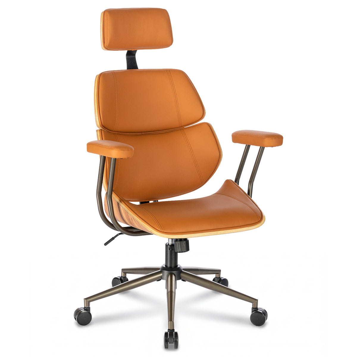 Mid Century Walnut PU Leather High Back Office Chair with Headrest, Black | Curved walnut back & seat, high-back with headrest, PU leather, padded armrests, executive swivel & rolling for home office