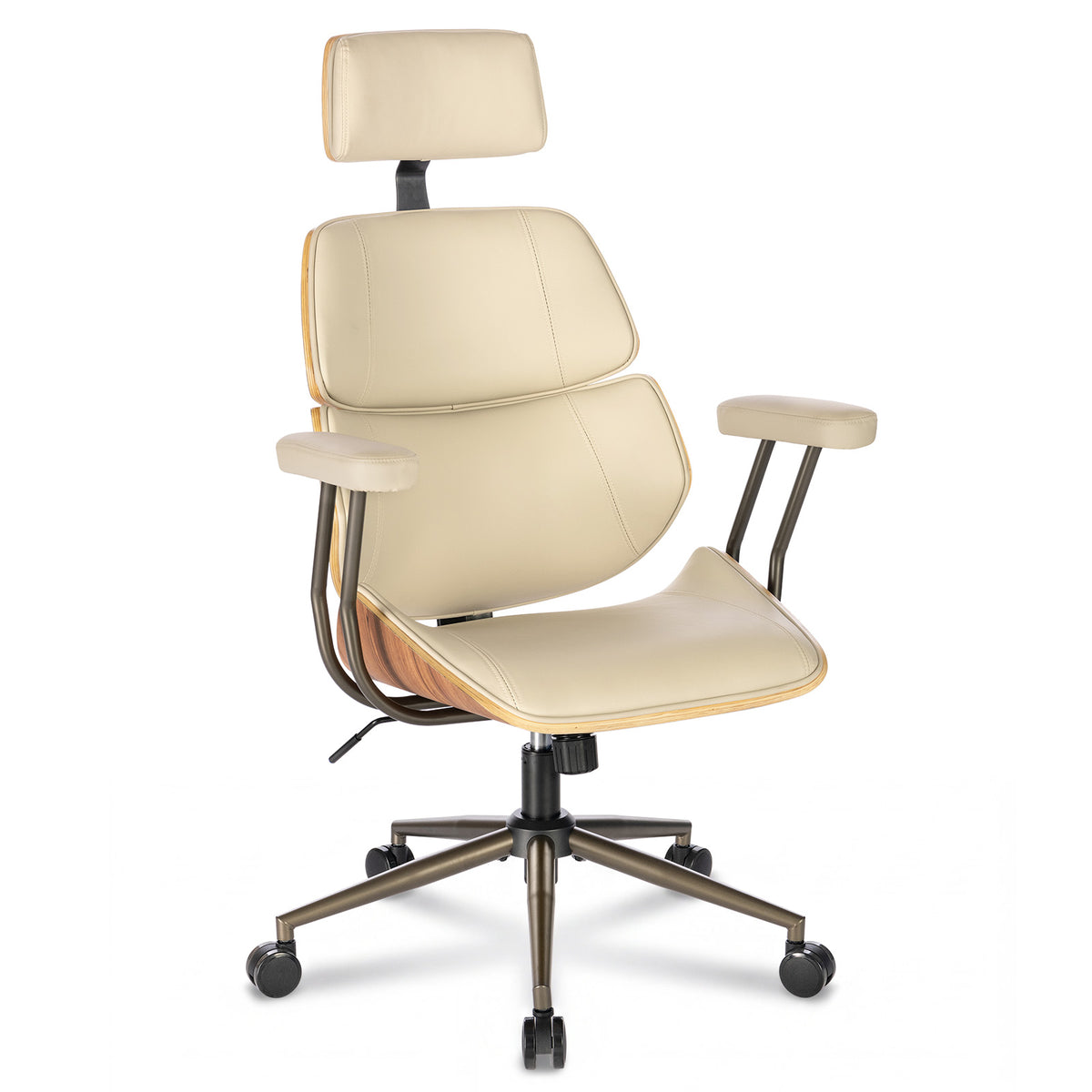 Mid Century Walnut PU Leather High Back Office Chair with Headrest, Black | Curved walnut back & seat, high-back with headrest, PU leather, padded armrests, executive swivel & rolling for home office