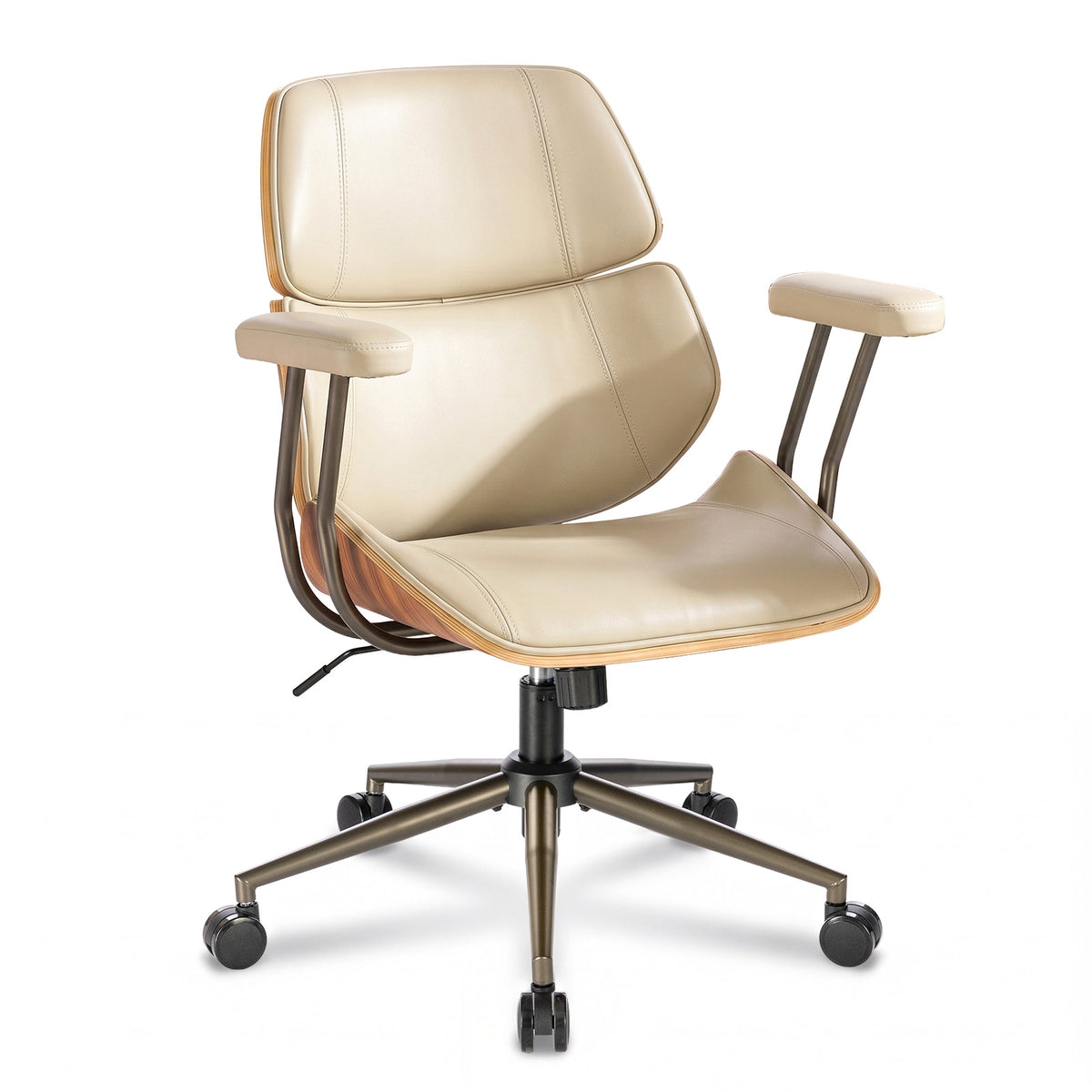 Mid Century Walnut Bentwood PU Leather Office Chair with Arms, Black | Curved walnut bentwood back & seat; removable armrests; PU leather upholstery; swivel & rolling; for home office & study