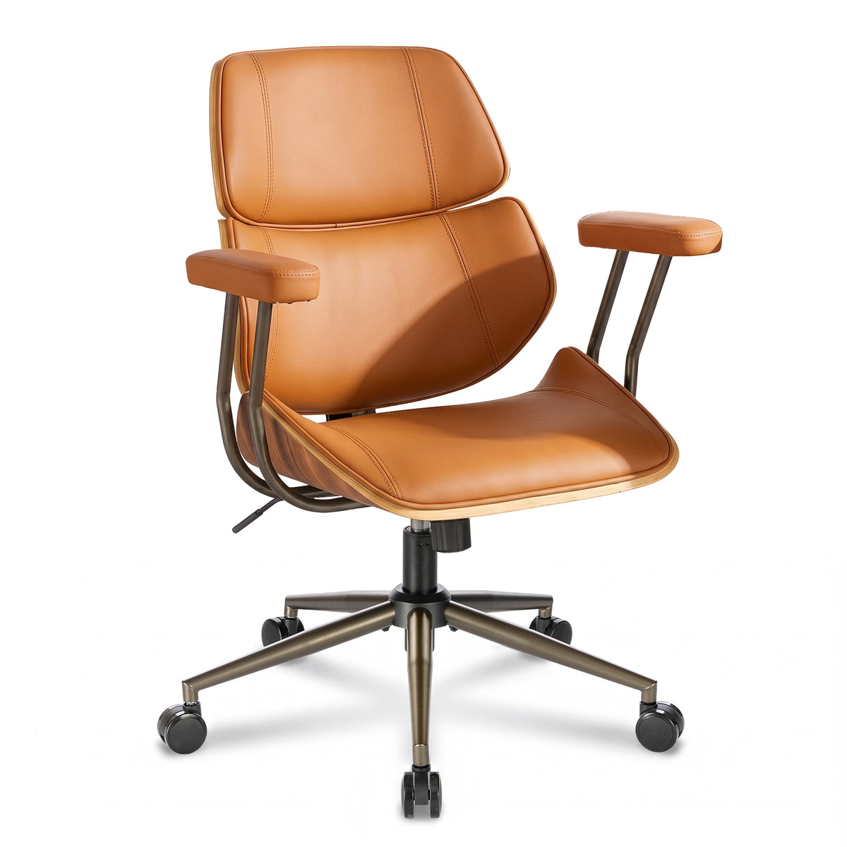 Mid Century Walnut Bentwood PU Leather Office Chair with Arms, Black | Curved walnut bentwood back & seat; removable armrests; PU leather upholstery; swivel & rolling; for home office & study
