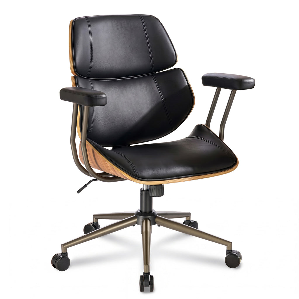 Mid Century Walnut Bentwood PU Leather Office Chair with Arms, Black | Curved walnut bentwood back & seat; removable armrests; PU leather upholstery; swivel & rolling; for home office & study