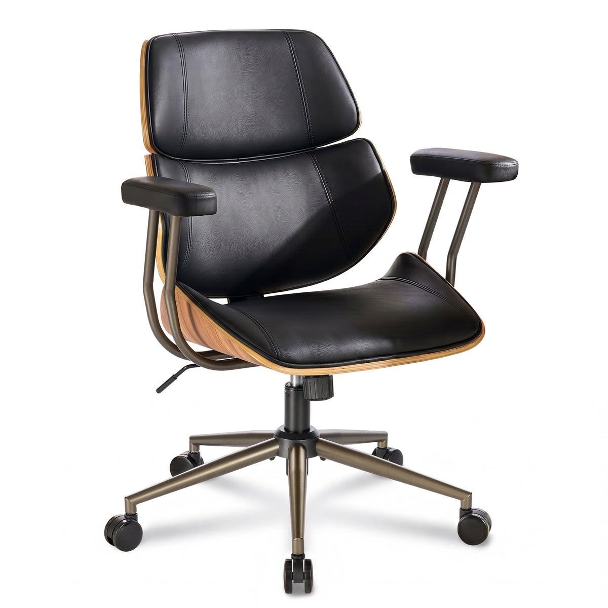 Mid Century Walnut Bentwood PU Leather Office Chair with Arms, Black | Curved walnut bentwood back & seat; removable armrests; PU leather upholstery; swivel & rolling; for home office & study