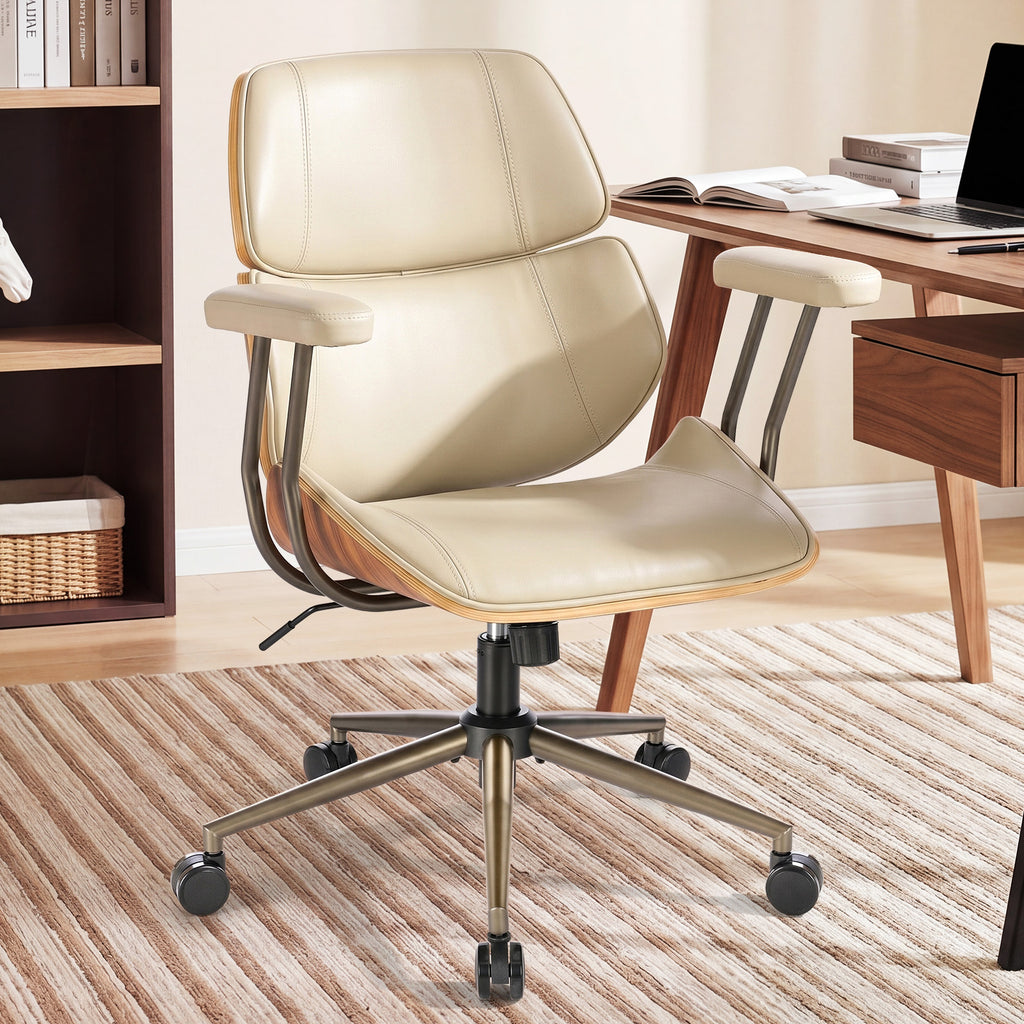 Mid Century Walnut Bentwood PU Leather Office Chair with Arms, Black | Curved walnut bentwood back & seat; removable armrests; PU leather upholstery; swivel & rolling; for home office & study