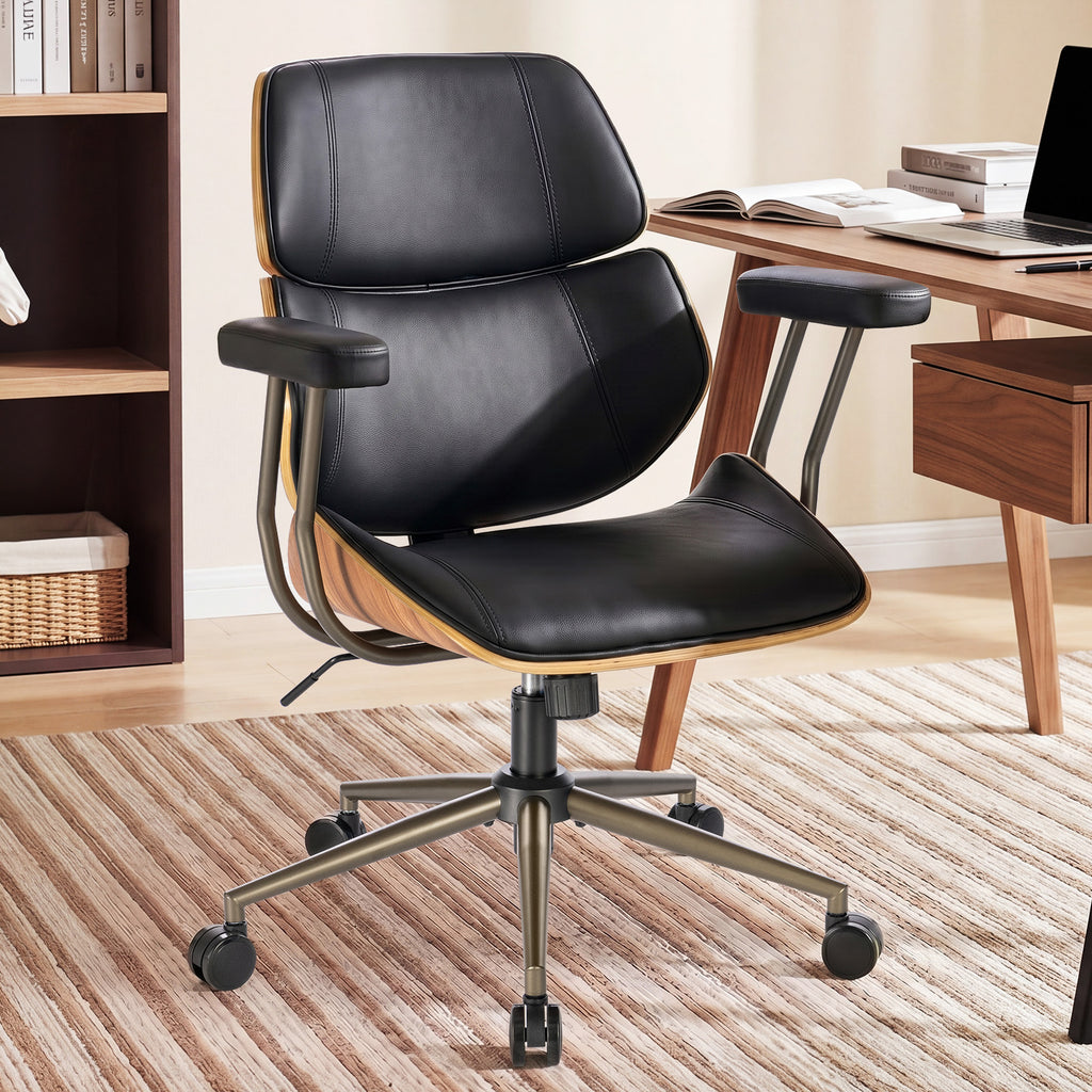 Mid Century Walnut Bentwood PU Leather Office Chair with Arms, Black | Curved walnut bentwood back & seat; removable armrests; PU leather upholstery; swivel & rolling; for home office & study