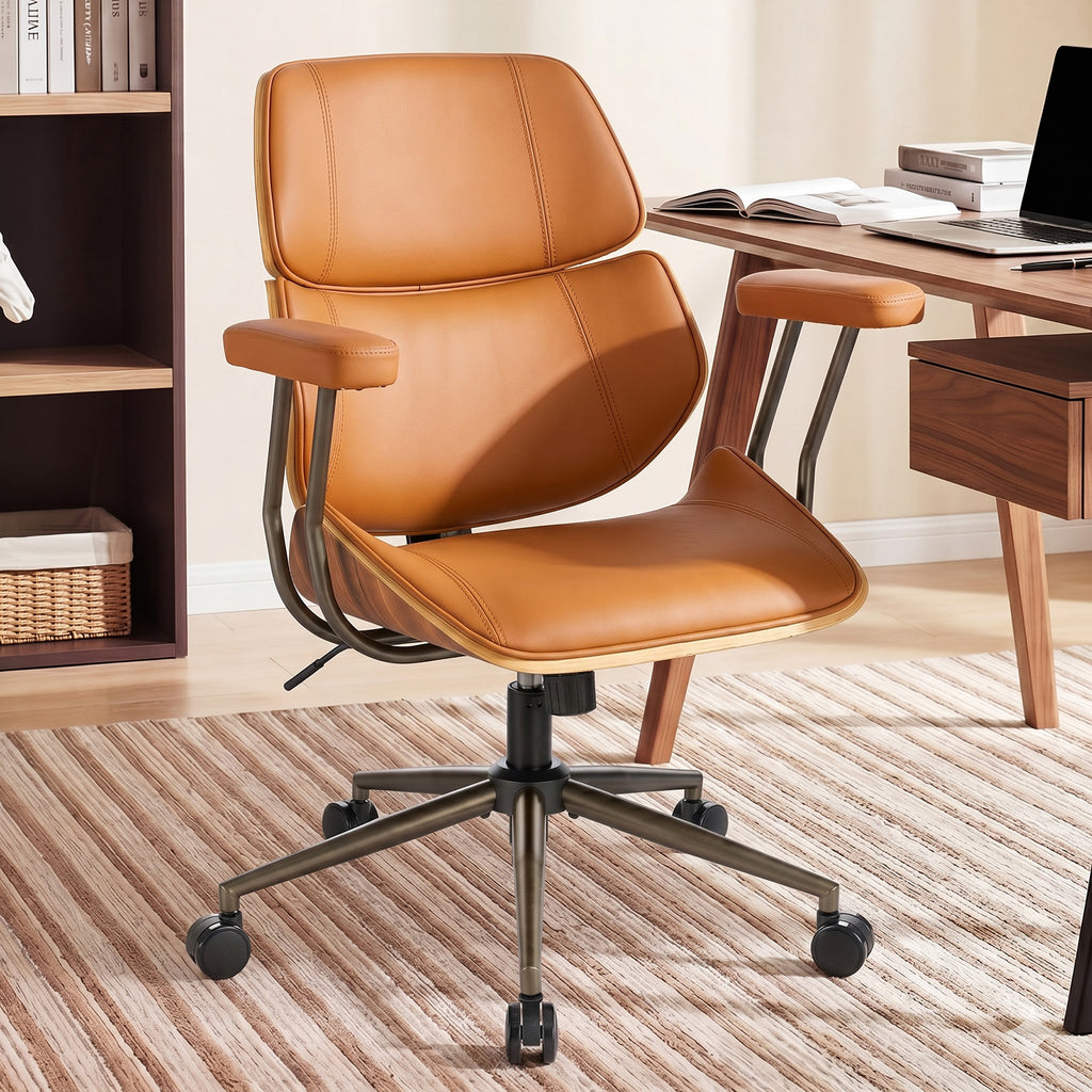 Mid Century Walnut Bentwood PU Leather Office Chair with Arms, Black | Curved walnut bentwood back & seat; removable armrests; PU leather upholstery; swivel & rolling; for home office & study