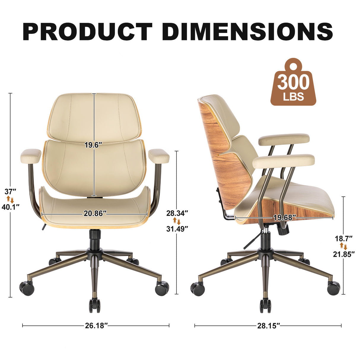 Mid Century Walnut Bentwood PU Leather Office Chair with Arms, Black | Curved walnut bentwood back & seat; removable armrests; PU leather upholstery; swivel & rolling; for home office & study