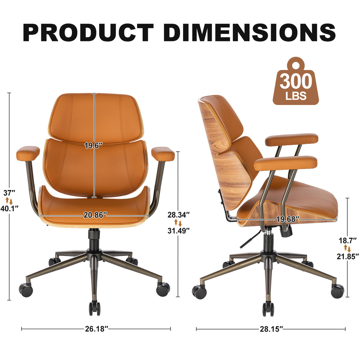 Mid Century Walnut Bentwood PU Leather Office Chair with Arms, Black | Curved walnut bentwood back & seat; removable armrests; PU leather upholstery; swivel & rolling; for home office & study