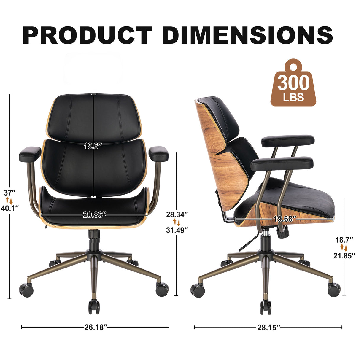 Mid Century Walnut Bentwood PU Leather Office Chair with Arms, Black | Curved walnut bentwood back & seat; removable armrests; PU leather upholstery; swivel & rolling; for home office & study