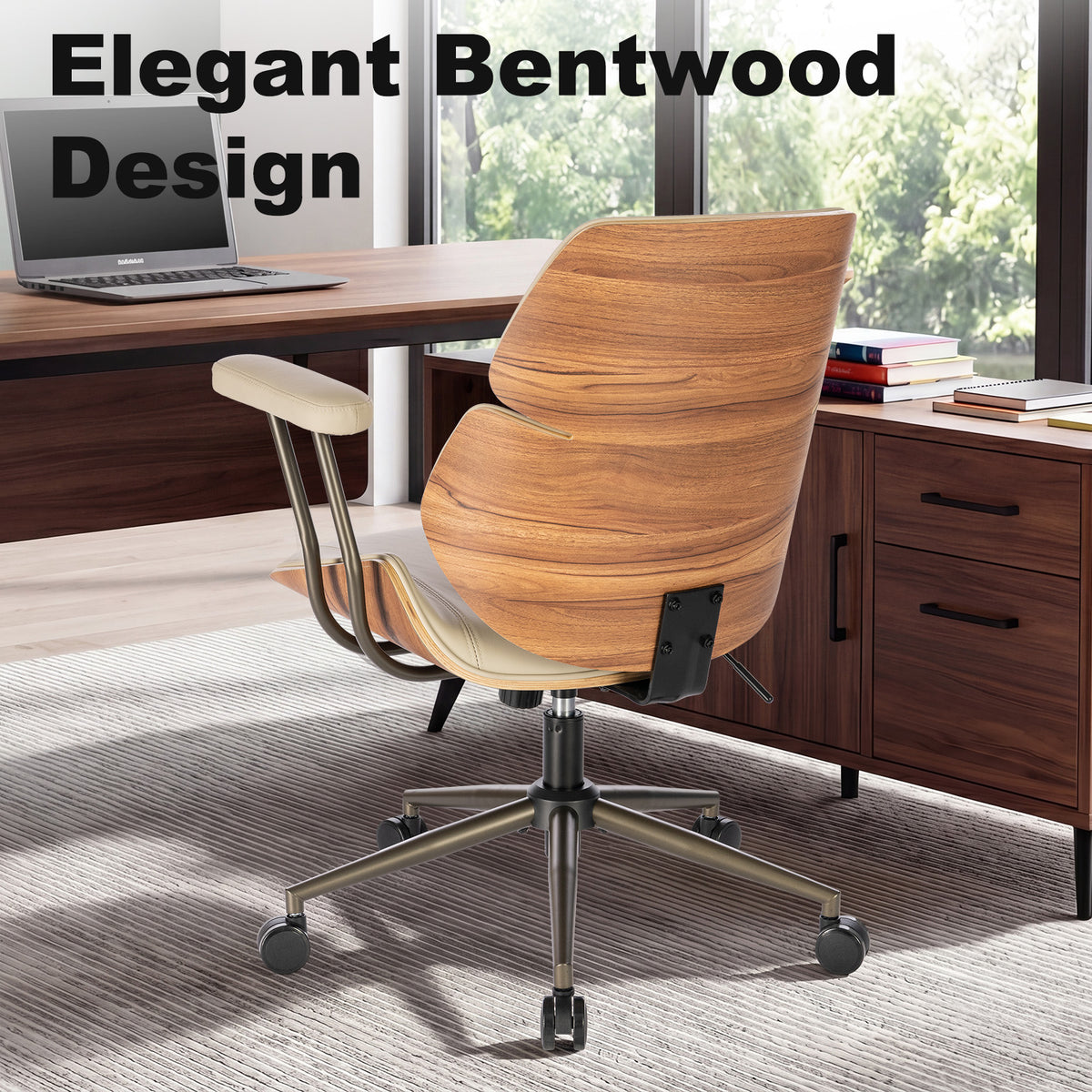 Mid Century Walnut Bentwood PU Leather Office Chair with Arms, Black | Curved walnut bentwood back & seat; removable armrests; PU leather upholstery; swivel & rolling; for home office & study