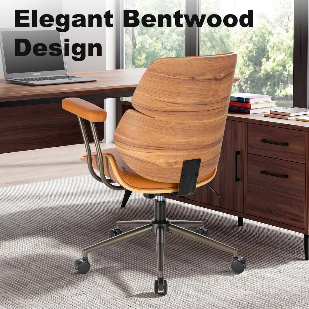 Mid Century Walnut Bentwood PU Leather Office Chair with Arms, Black | Curved walnut bentwood back & seat; removable armrests; PU leather upholstery; swivel & rolling; for home office & study
