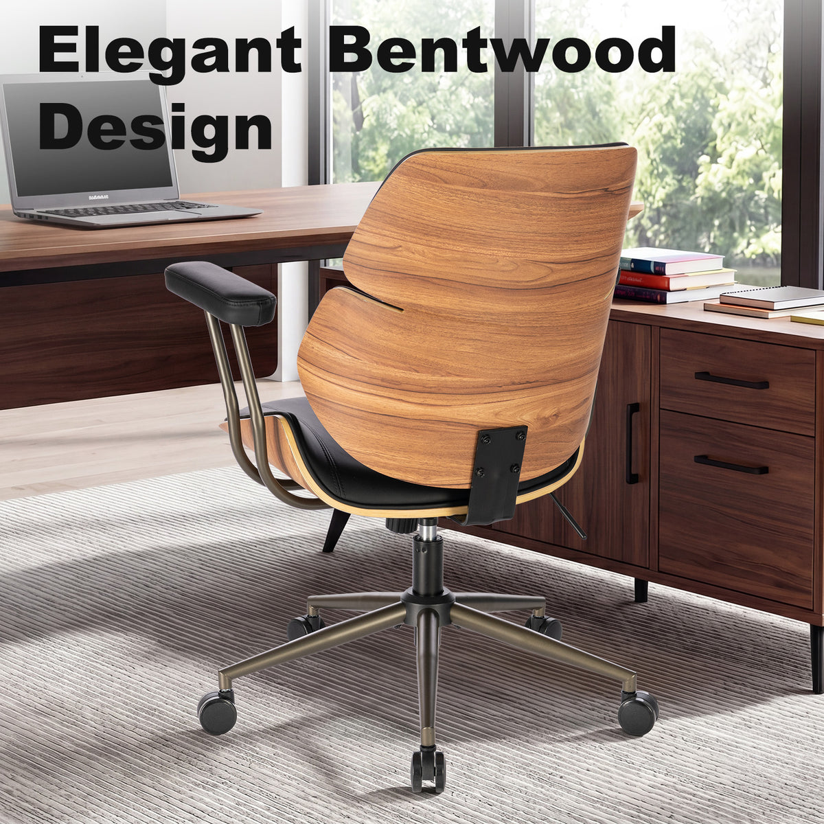 Mid Century Walnut Bentwood PU Leather Office Chair with Arms, Black | Curved walnut bentwood back & seat; removable armrests; PU leather upholstery; swivel & rolling; for home office & study