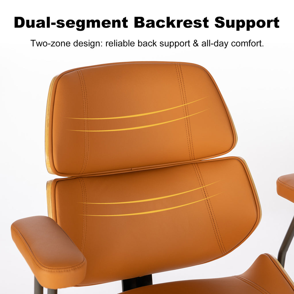 Mid Century Walnut Bentwood PU Leather Office Chair with Arms, Black | Curved walnut bentwood back & seat; removable armrests; PU leather upholstery; swivel & rolling; for home office & study