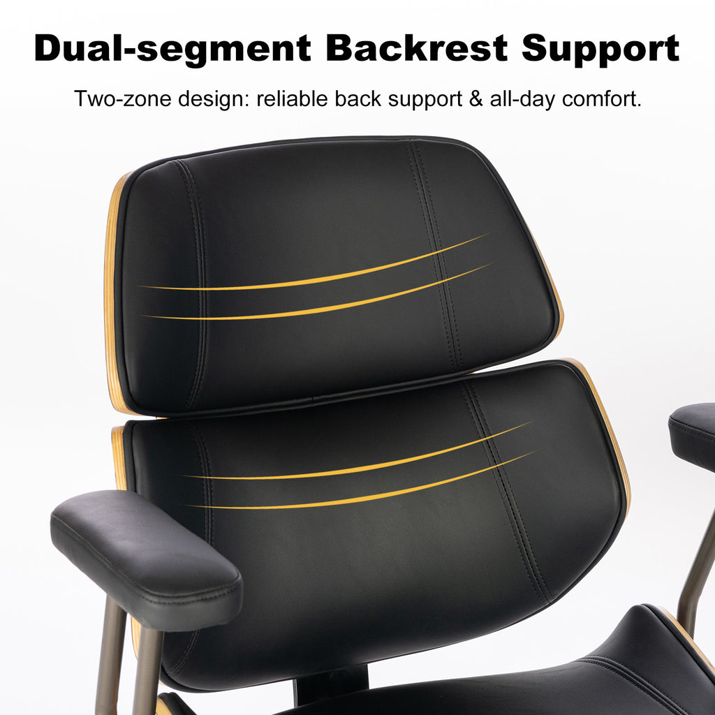 Mid Century Walnut Bentwood PU Leather Office Chair with Arms, Black | Curved walnut bentwood back & seat; removable armrests; PU leather upholstery; swivel & rolling; for home office & study