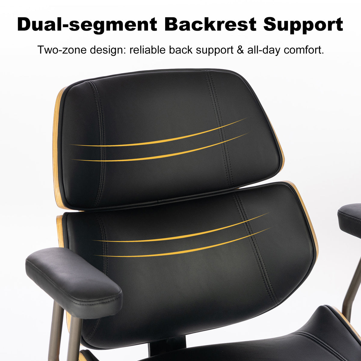 Mid Century Walnut Bentwood PU Leather Office Chair with Arms, Black | Curved walnut bentwood back & seat; removable armrests; PU leather upholstery; swivel & rolling; for home office & study