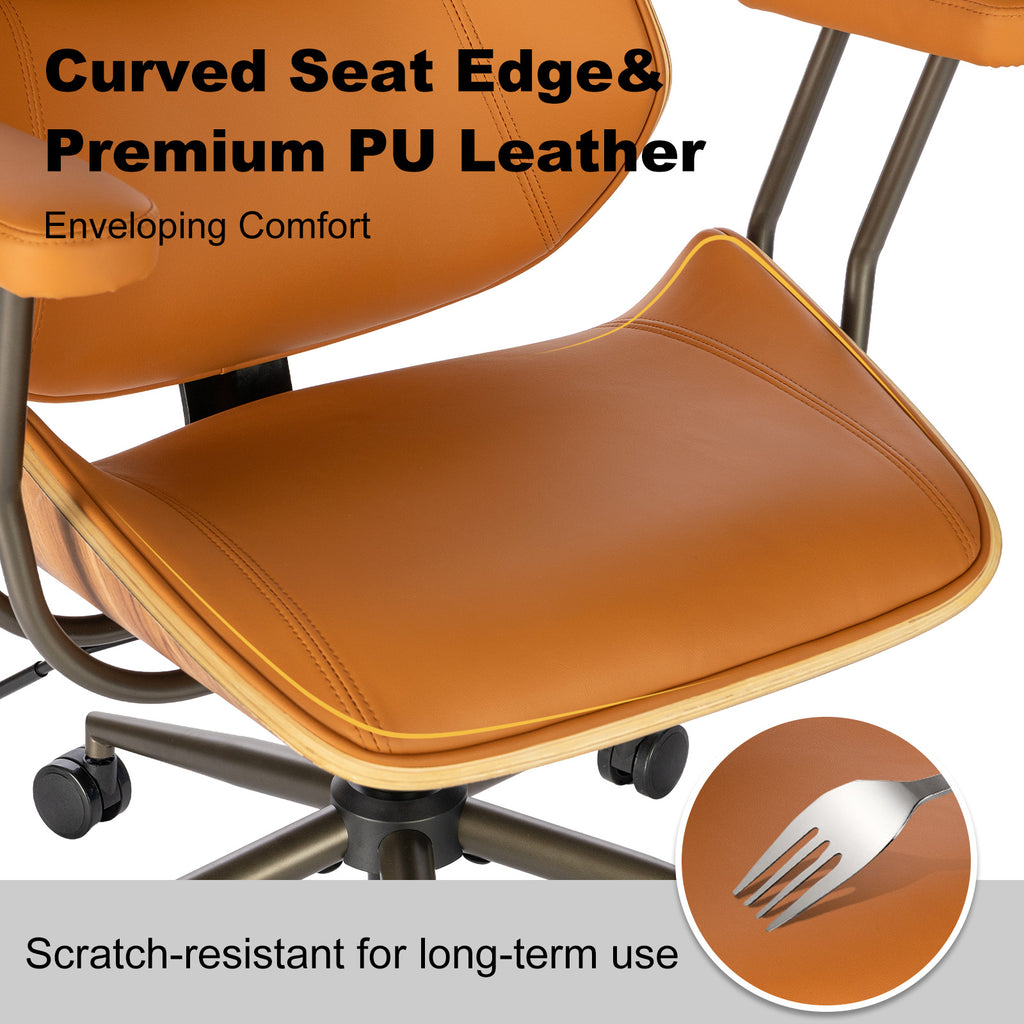 Mid Century Walnut Bentwood PU Leather Office Chair with Arms, Black | Curved walnut bentwood back & seat; removable armrests; PU leather upholstery; swivel & rolling; for home office & study