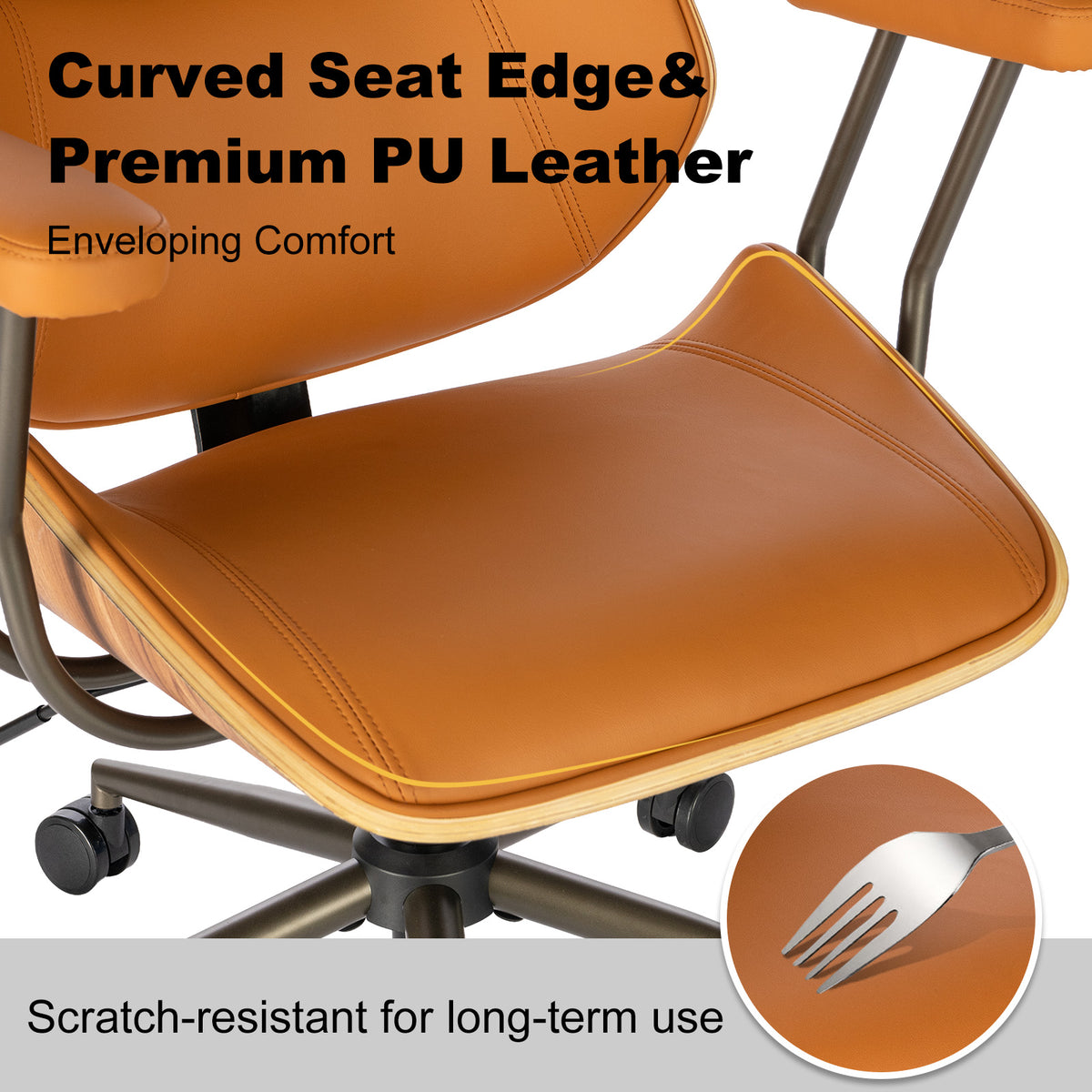 Mid Century Walnut Bentwood PU Leather Office Chair with Arms, Black | Curved walnut bentwood back & seat; removable armrests; PU leather upholstery; swivel & rolling; for home office & study