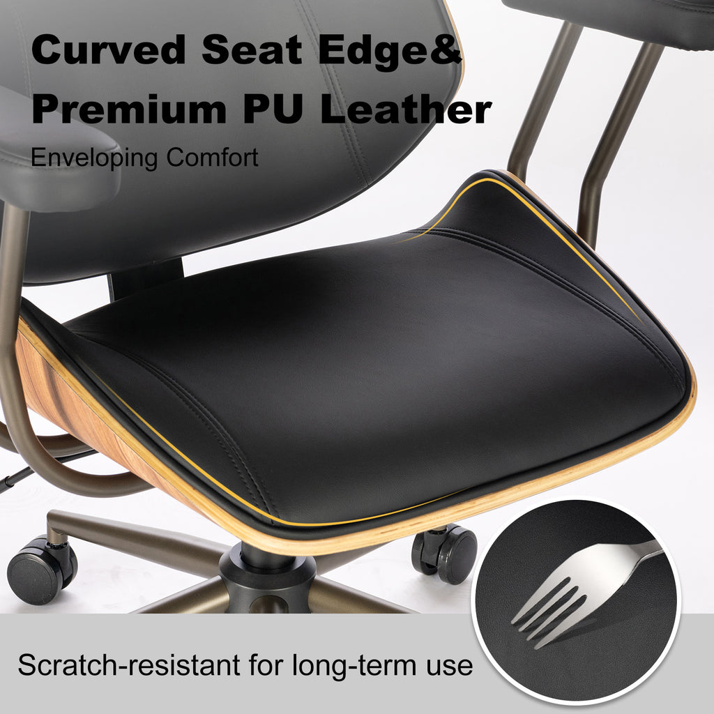 Mid Century Walnut Bentwood PU Leather Office Chair with Arms, Black | Curved walnut bentwood back & seat; removable armrests; PU leather upholstery; swivel & rolling; for home office & study