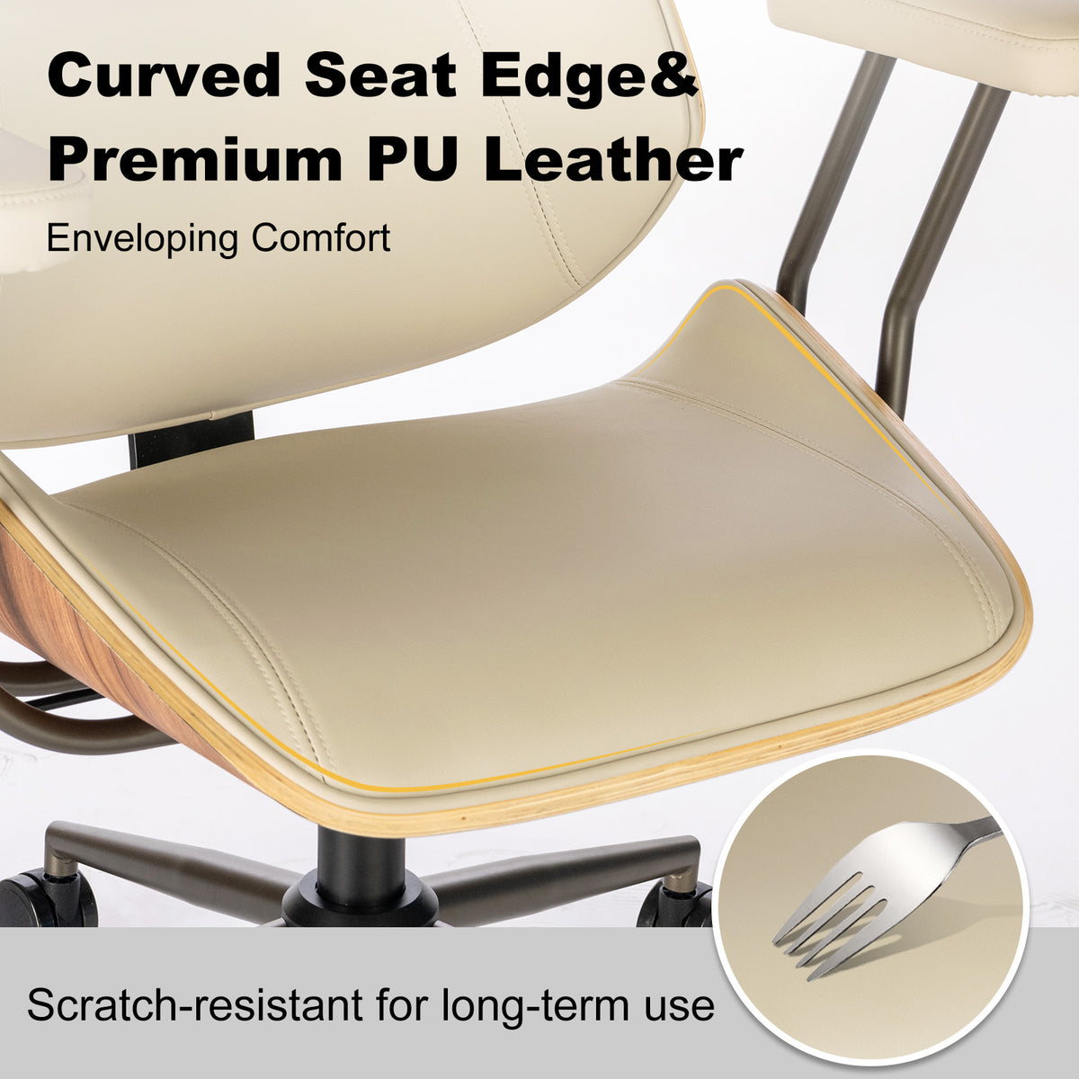 Mid Century Walnut Bentwood PU Leather Office Chair with Arms, Black | Curved walnut bentwood back & seat; removable armrests; PU leather upholstery; swivel & rolling; for home office & study
