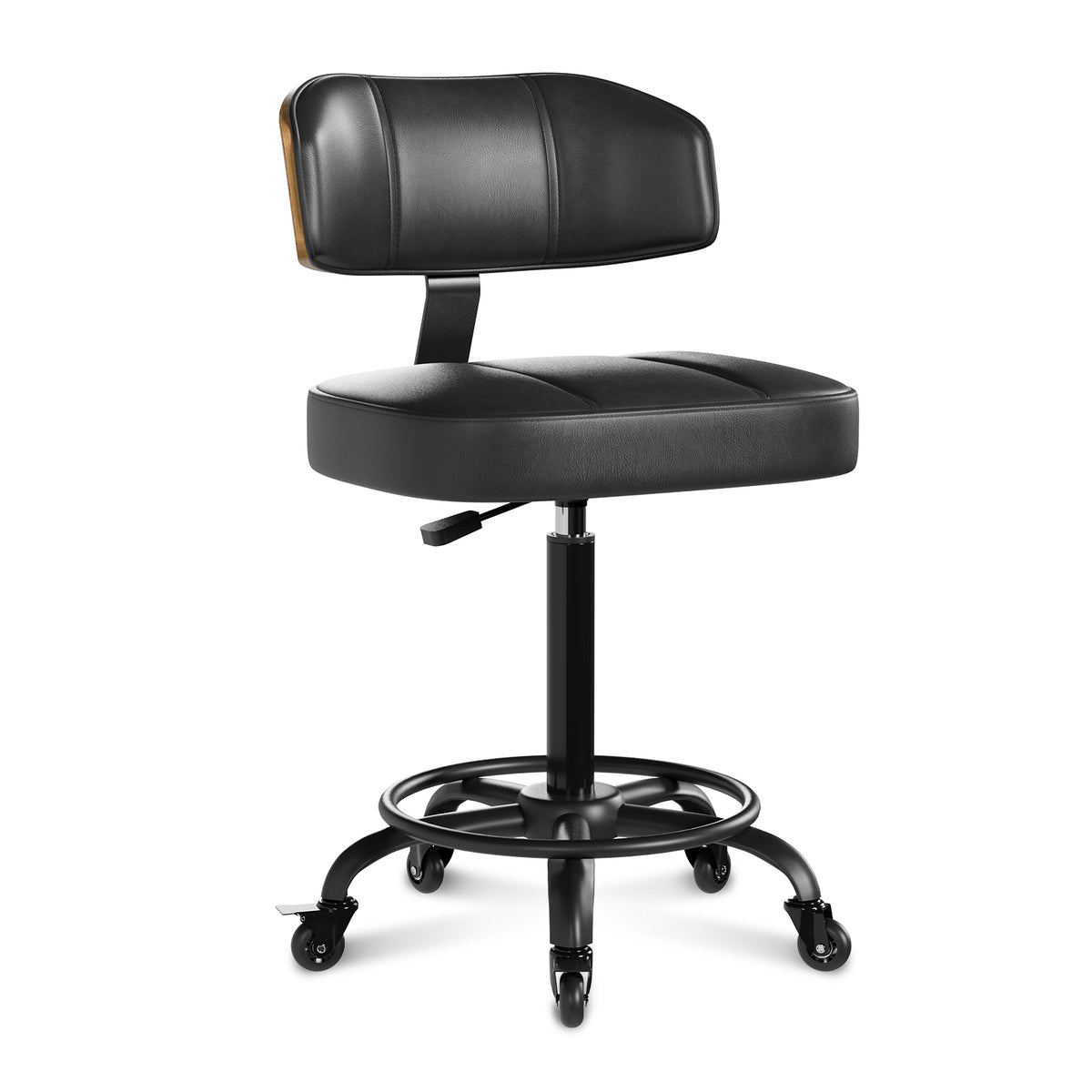Drafting Chair with Lockable Wheels, Curved Walnut Stool Ring, Black | Tall Adjustable Stool, Curved Walnut Backrest & Footrest Ring, PU Leather Rolling Chair, 300LBS for Office & Art Studio Use