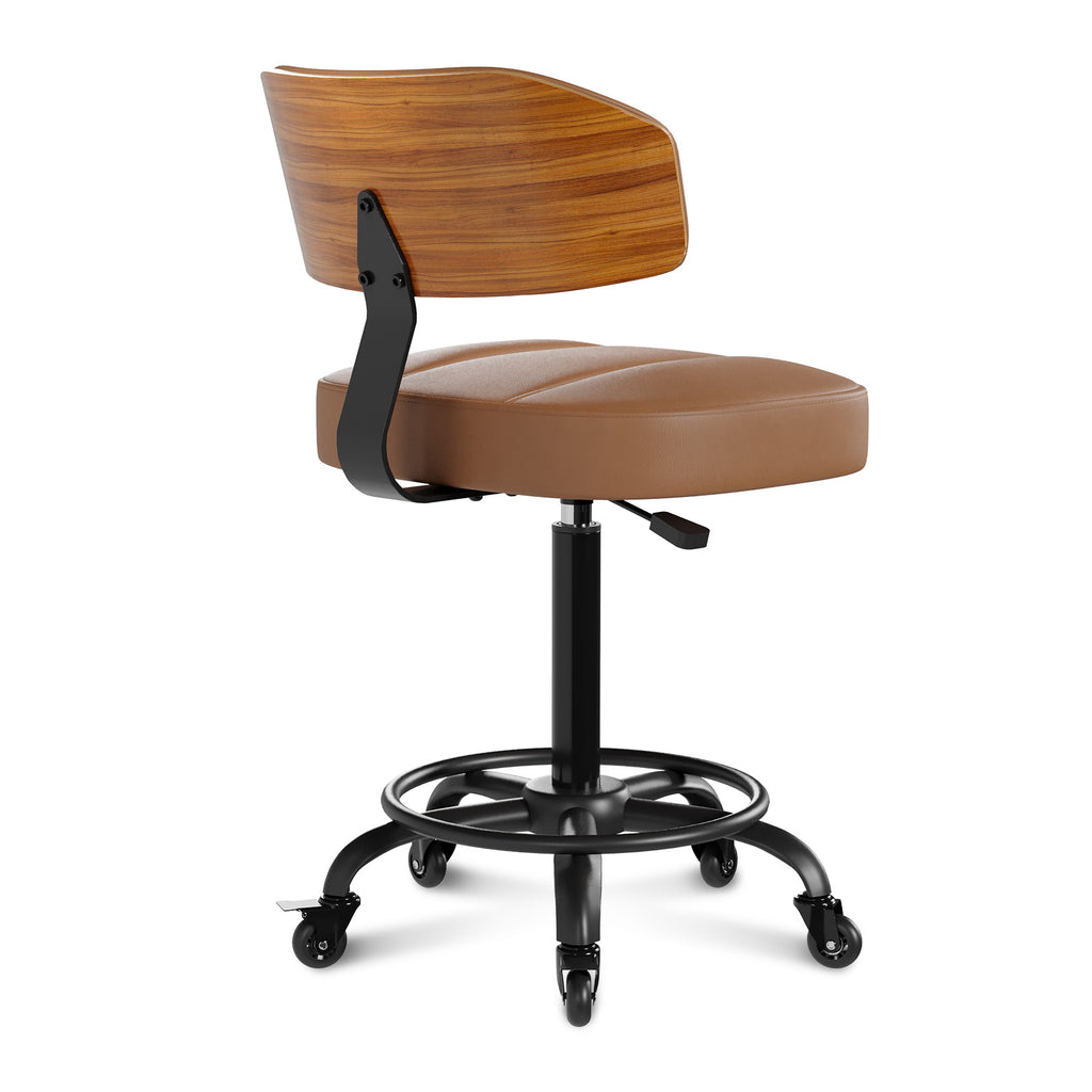 Drafting Chair with Lockable Wheels, Curved Walnut Stool Ring, Black | Tall Adjustable Stool, Curved Walnut Backrest & Footrest Ring, PU Leather Rolling Chair, 300LBS for Office & Art Studio Use