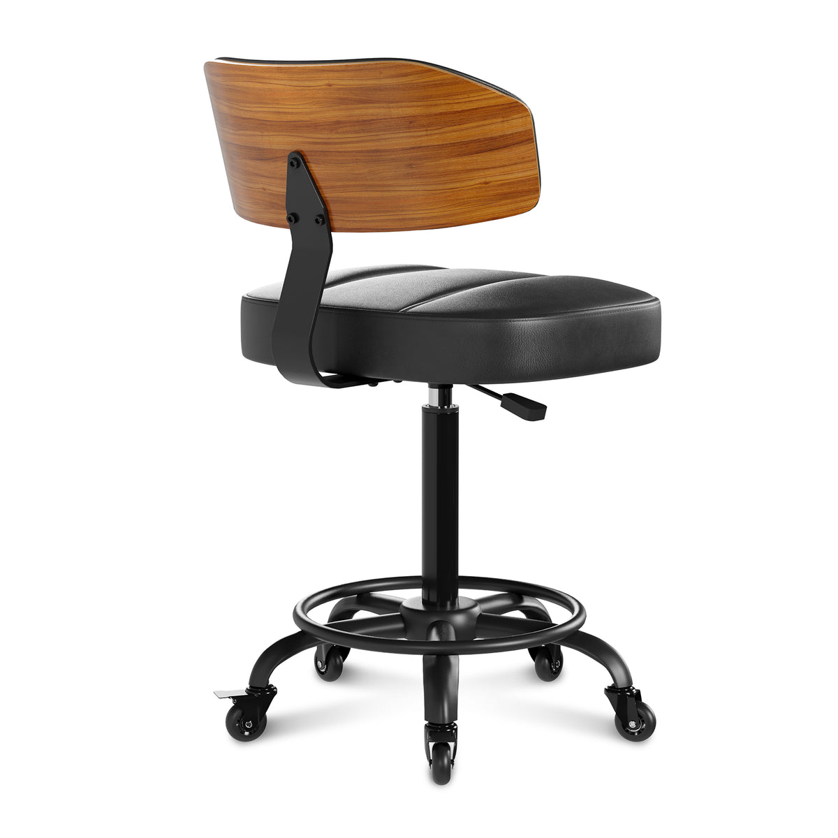 Drafting Chair with Lockable Wheels, Curved Walnut Stool Ring, Black | Tall Adjustable Stool, Curved Walnut Backrest & Footrest Ring, PU Leather Rolling Chair, 300LBS for Office & Art Studio Use