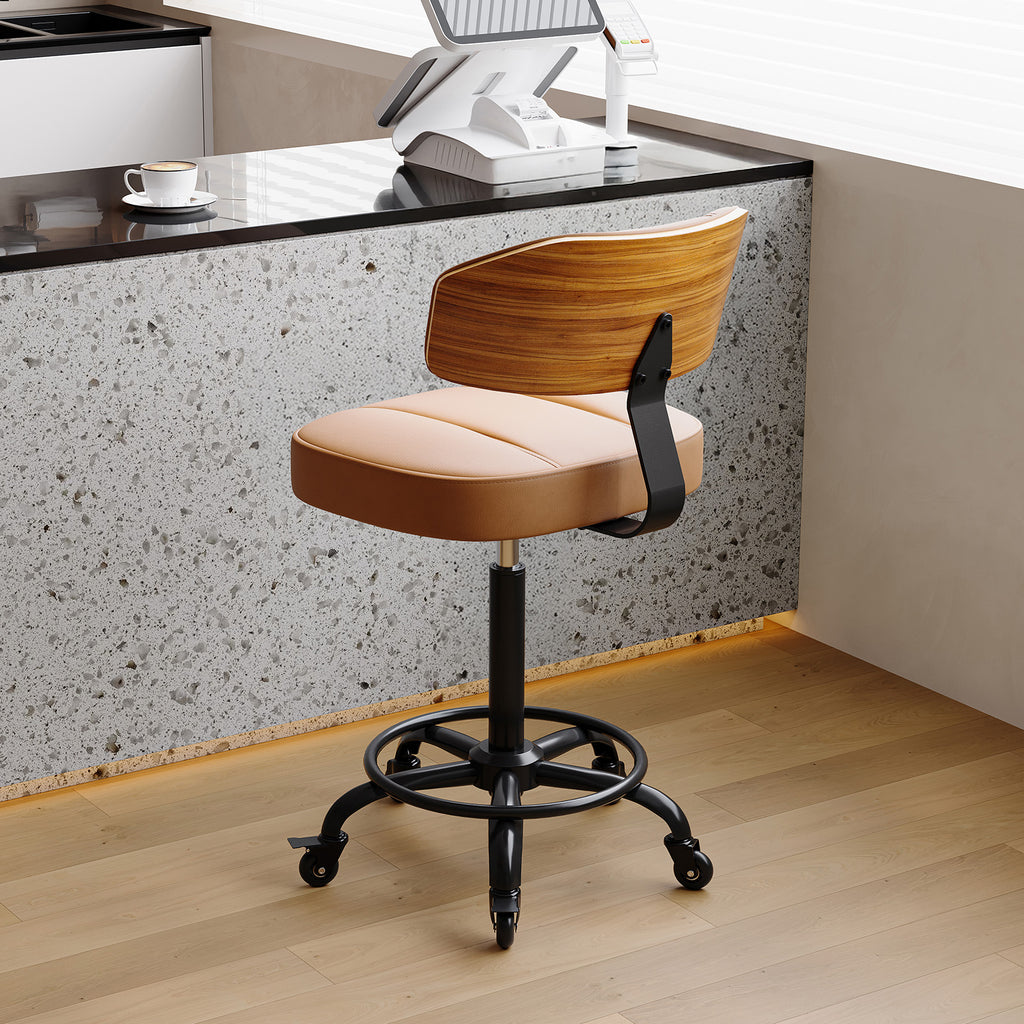 Drafting Chair with Lockable Wheels, Curved Walnut Stool Ring, Black | Tall Adjustable Stool, Curved Walnut Backrest & Footrest Ring, PU Leather Rolling Chair, 300LBS for Office & Art Studio Use