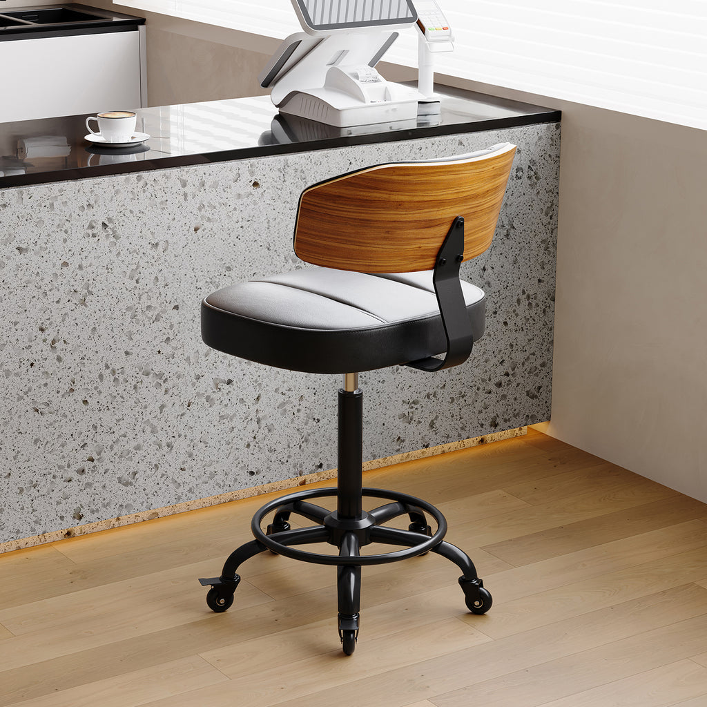 Drafting Chair with Lockable Wheels, Curved Walnut Stool Ring, Black | Tall Adjustable Stool, Curved Walnut Backrest & Footrest Ring, PU Leather Rolling Chair, 300LBS for Office & Art Studio Use