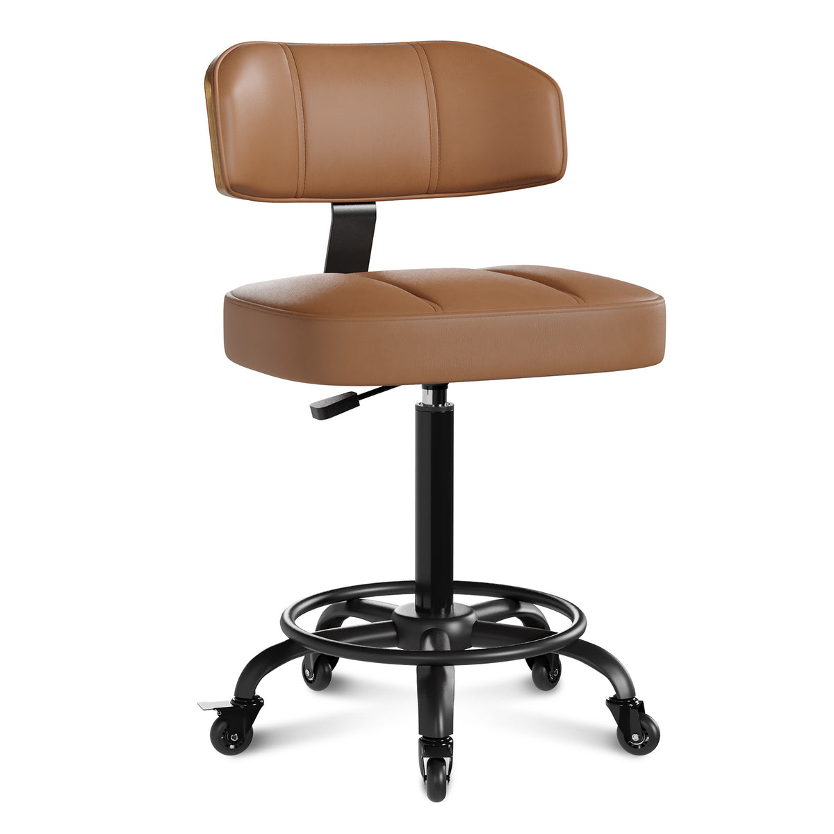 Drafting Chair with Lockable Wheels, Curved Walnut Stool Ring, Black | Tall Adjustable Stool, Curved Walnut Backrest & Footrest Ring, PU Leather Rolling Chair, 300LBS for Office & Art Studio Use
