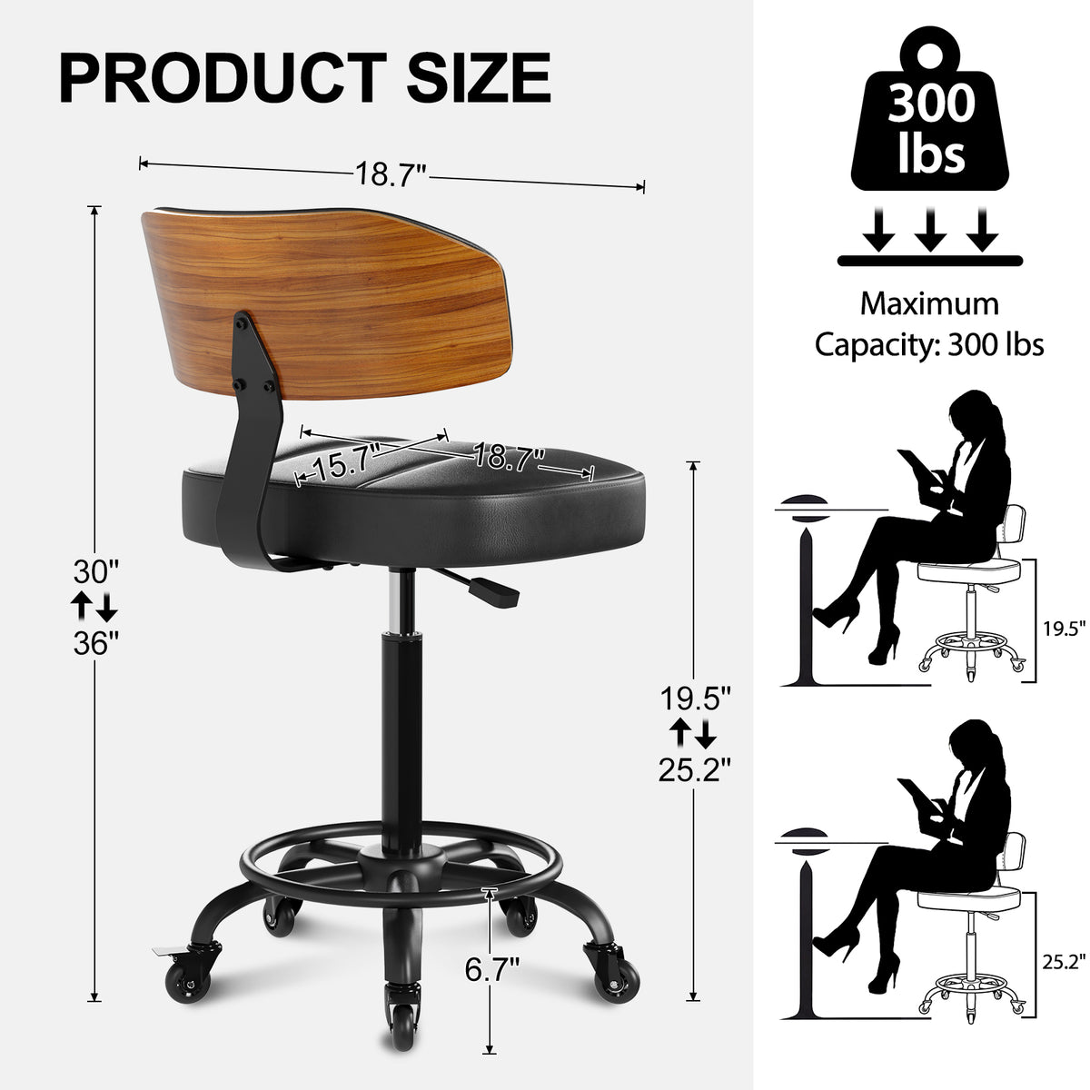 Drafting Chair with Lockable Wheels, Curved Walnut Stool Ring, Black | Tall Adjustable Stool, Curved Walnut Backrest & Footrest Ring, PU Leather Rolling Chair, 300LBS for Office & Art Studio Use