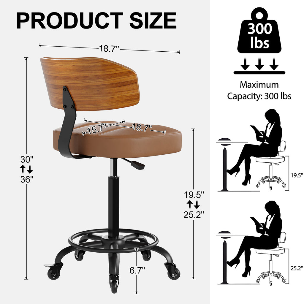 Drafting Chair with Lockable Wheels, Curved Walnut Stool Ring, Black | Tall Adjustable Stool, Curved Walnut Backrest & Footrest Ring, PU Leather Rolling Chair, 300LBS for Office & Art Studio Use