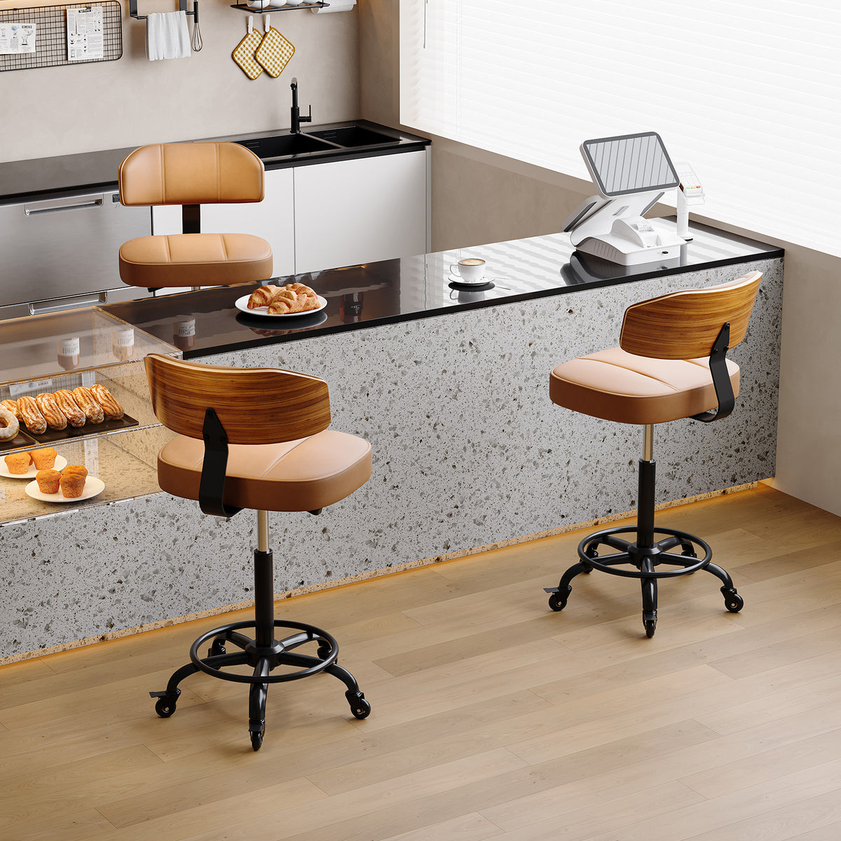 Drafting Chair with Lockable Wheels, Curved Walnut Stool Ring, Black | Tall Adjustable Stool, Curved Walnut Backrest & Footrest Ring, PU Leather Rolling Chair, 300LBS for Office & Art Studio Use