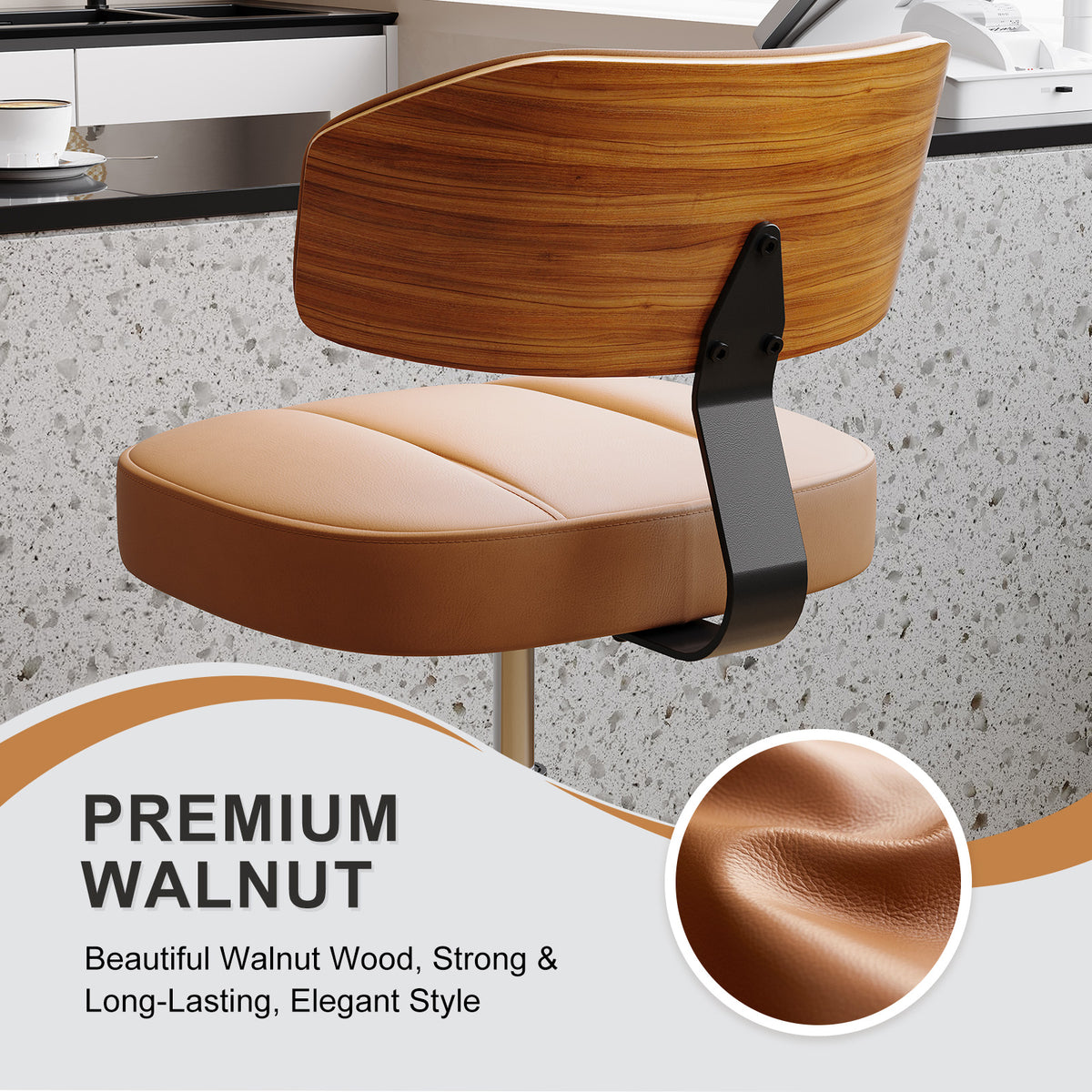 Drafting Chair with Lockable Wheels, Curved Walnut Stool Ring, Black | Tall Adjustable Stool, Curved Walnut Backrest & Footrest Ring, PU Leather Rolling Chair, 300LBS for Office & Art Studio Use