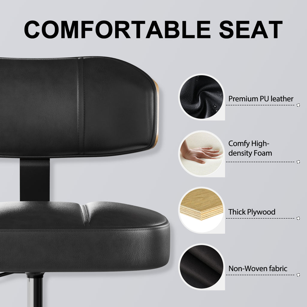 Drafting Chair with Lockable Wheels, Curved Walnut Stool Ring, Black | Tall Adjustable Stool, Curved Walnut Backrest & Footrest Ring, PU Leather Rolling Chair, 300LBS for Office & Art Studio Use