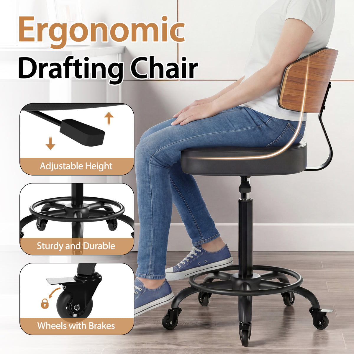 Drafting Chair with Lockable Wheels, Curved Walnut Stool Ring, Black | Tall Adjustable Stool, Curved Walnut Backrest & Footrest Ring, PU Leather Rolling Chair, 300LBS for Office & Art Studio Use