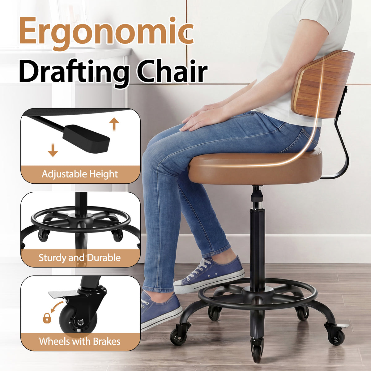 Drafting Chair with Lockable Wheels, Curved Walnut Stool Ring, Black | Tall Adjustable Stool, Curved Walnut Backrest & Footrest Ring, PU Leather Rolling Chair, 300LBS for Office & Art Studio Use