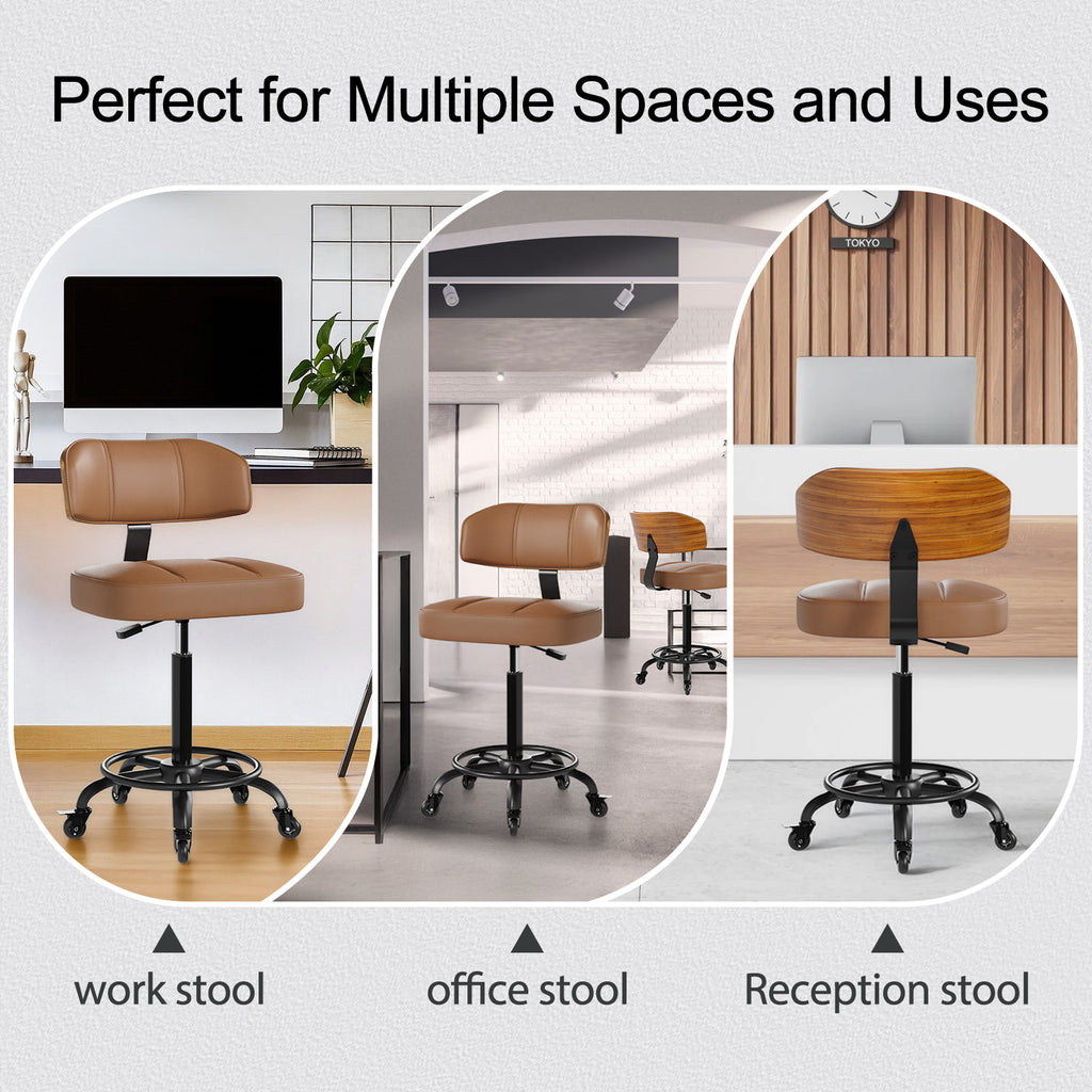 Drafting Chair with Lockable Wheels, Curved Walnut Stool Ring, Black | Tall Adjustable Stool, Curved Walnut Backrest & Footrest Ring, PU Leather Rolling Chair, 300LBS for Office & Art Studio Use