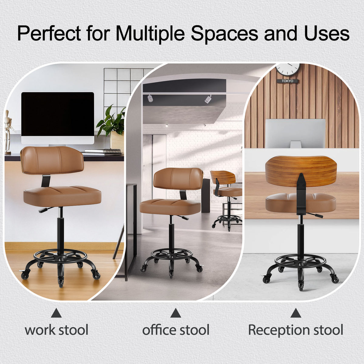 Drafting Chair with Lockable Wheels, Curved Walnut Stool Ring, Black | Tall Adjustable Stool, Curved Walnut Backrest & Footrest Ring, PU Leather Rolling Chair, 300LBS for Office & Art Studio Use
