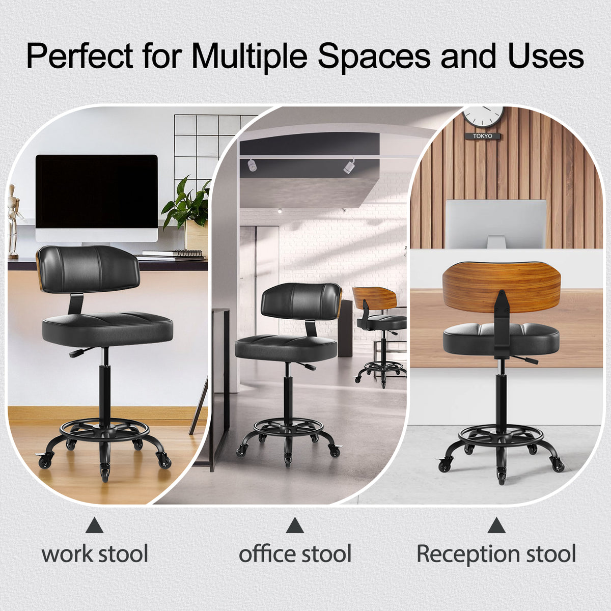Drafting Chair with Lockable Wheels, Curved Walnut Stool Ring, Black | Tall Adjustable Stool, Curved Walnut Backrest & Footrest Ring, PU Leather Rolling Chair, 300LBS for Office & Art Studio Use
