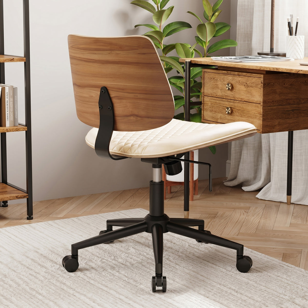 Home Office Chair No Arms with Wheels, Mid Back Walnut Style