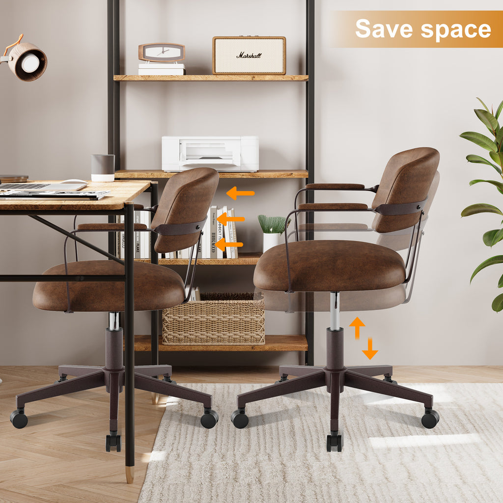 Quiet Small Modern Office Chair PU Leather Black | Padded Armrests, Curved Back Support, 360° Swivel, Height Adjustable, Quiet PU Wheels, Faux Leather, 300 lb Limit, Easy Clean