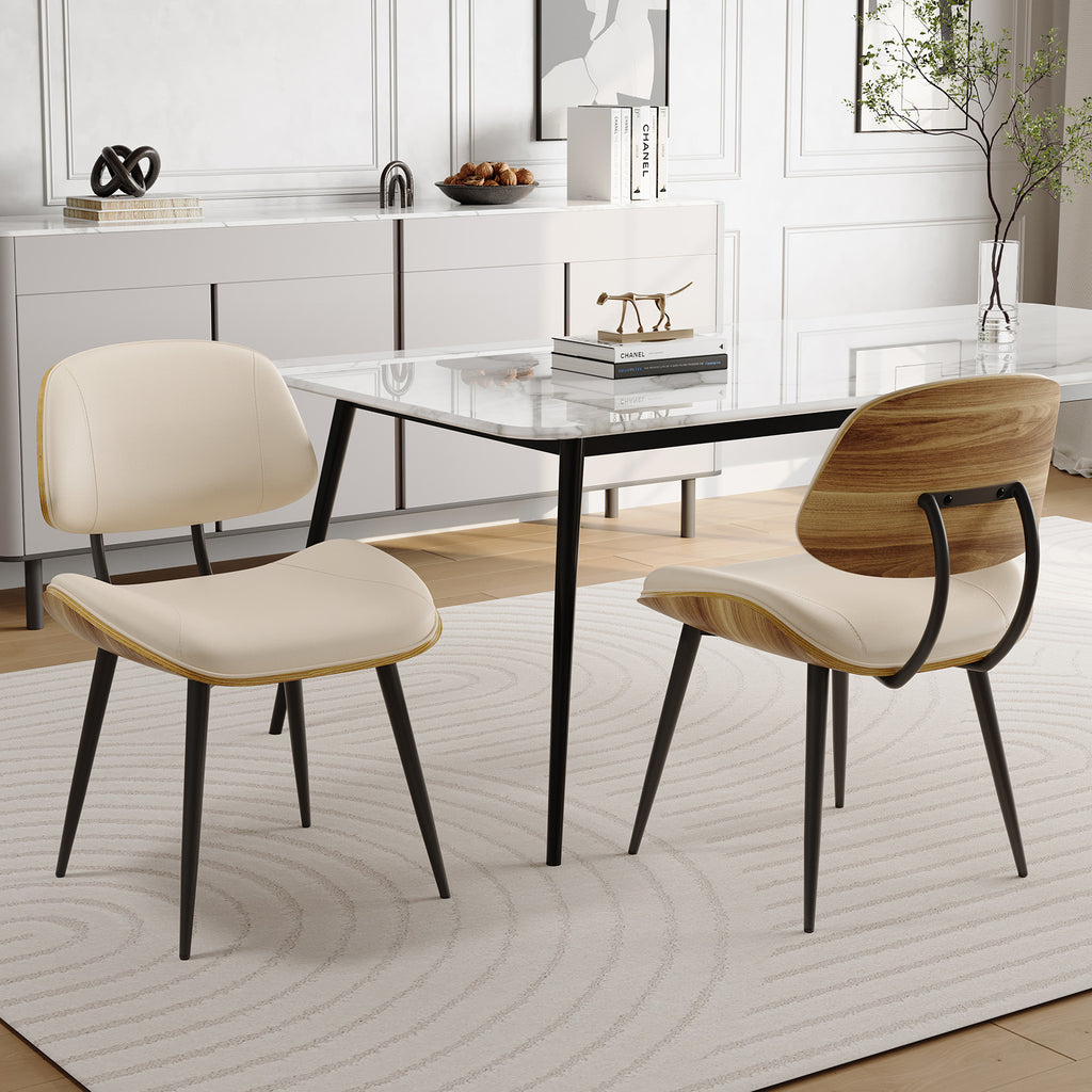 Walnut Bentwood Armless PU Leather Dining Chairs Set of 2, Black | PU leather seat with walnut bentwood back & metal legs, armless retro design, sturdy construction for dining & living room