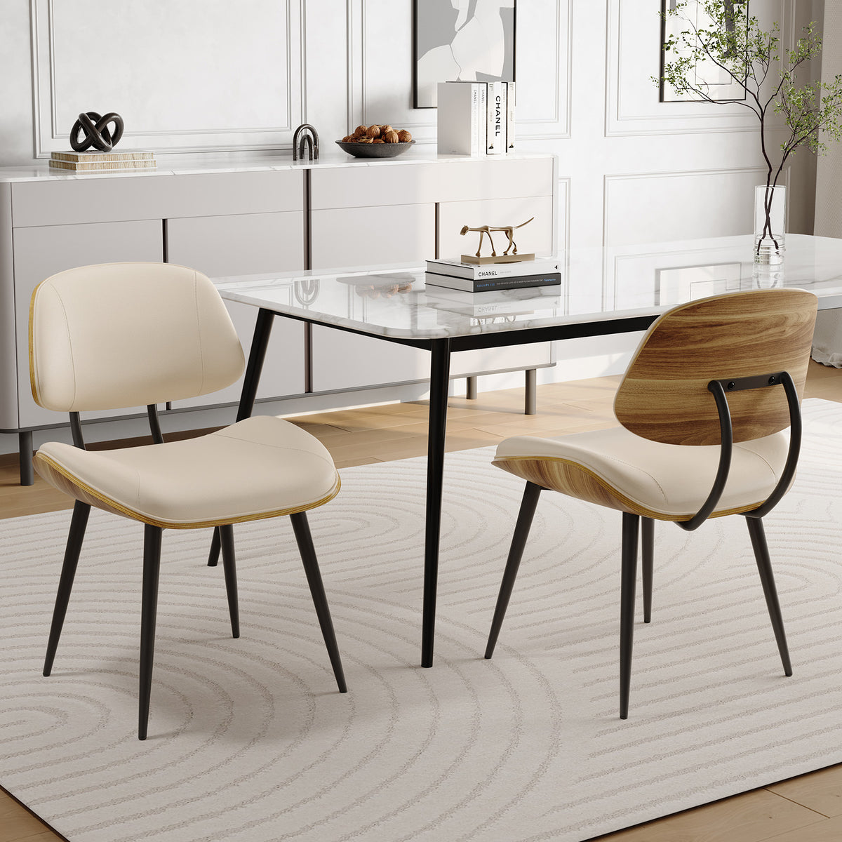 Walnut Bentwood Armless PU Leather Dining Chairs Set of 2, Black | PU leather seat with walnut bentwood back & metal legs, armless retro design, sturdy construction for dining & living room