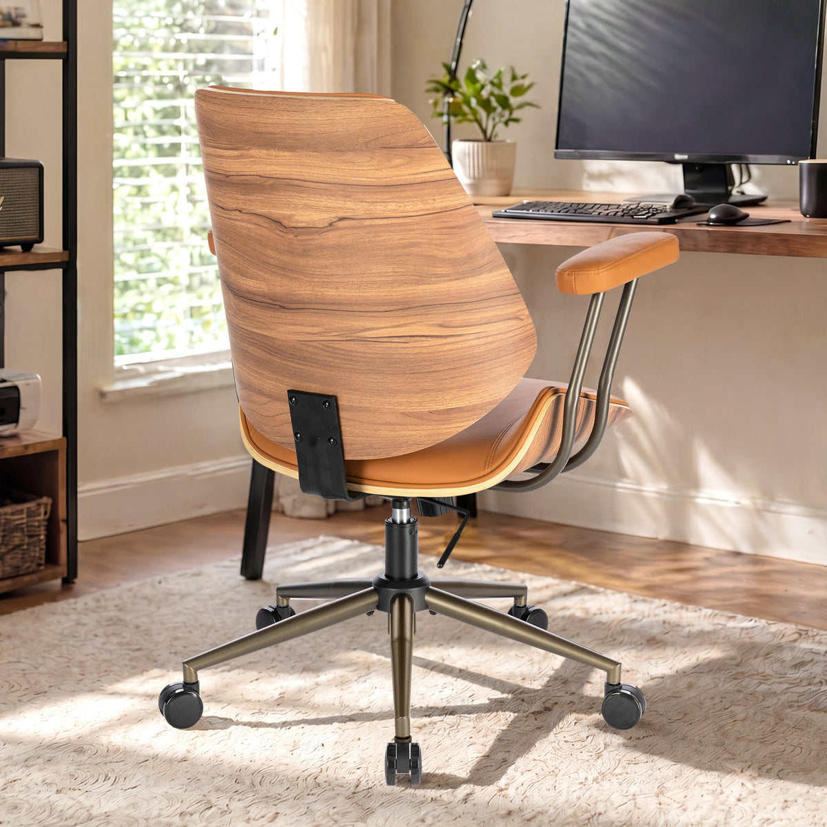 Modern Mid Back Office Chair, Adjustable Swivel Desk Chair with Arms, Black | Faux leather seat, wood accent detail, mid-back with padded armrests, adjustable swivel, for home office, bedroom & study