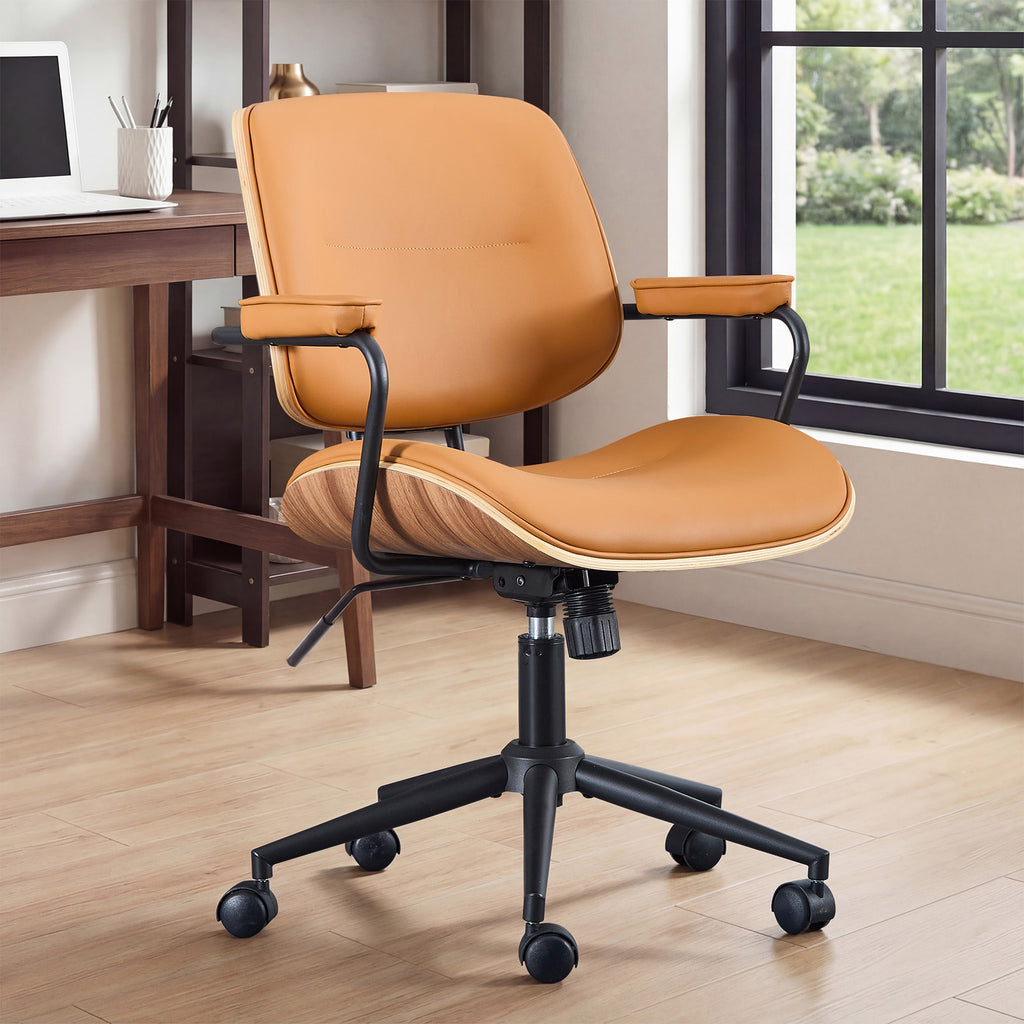 Mid Century Modern Office Chair with Armrest and Adjustable Backrest, Black | Wooden frame with armrests & adjustable backrest, swivel & height-adjustable, PU leather seat for home office comfort