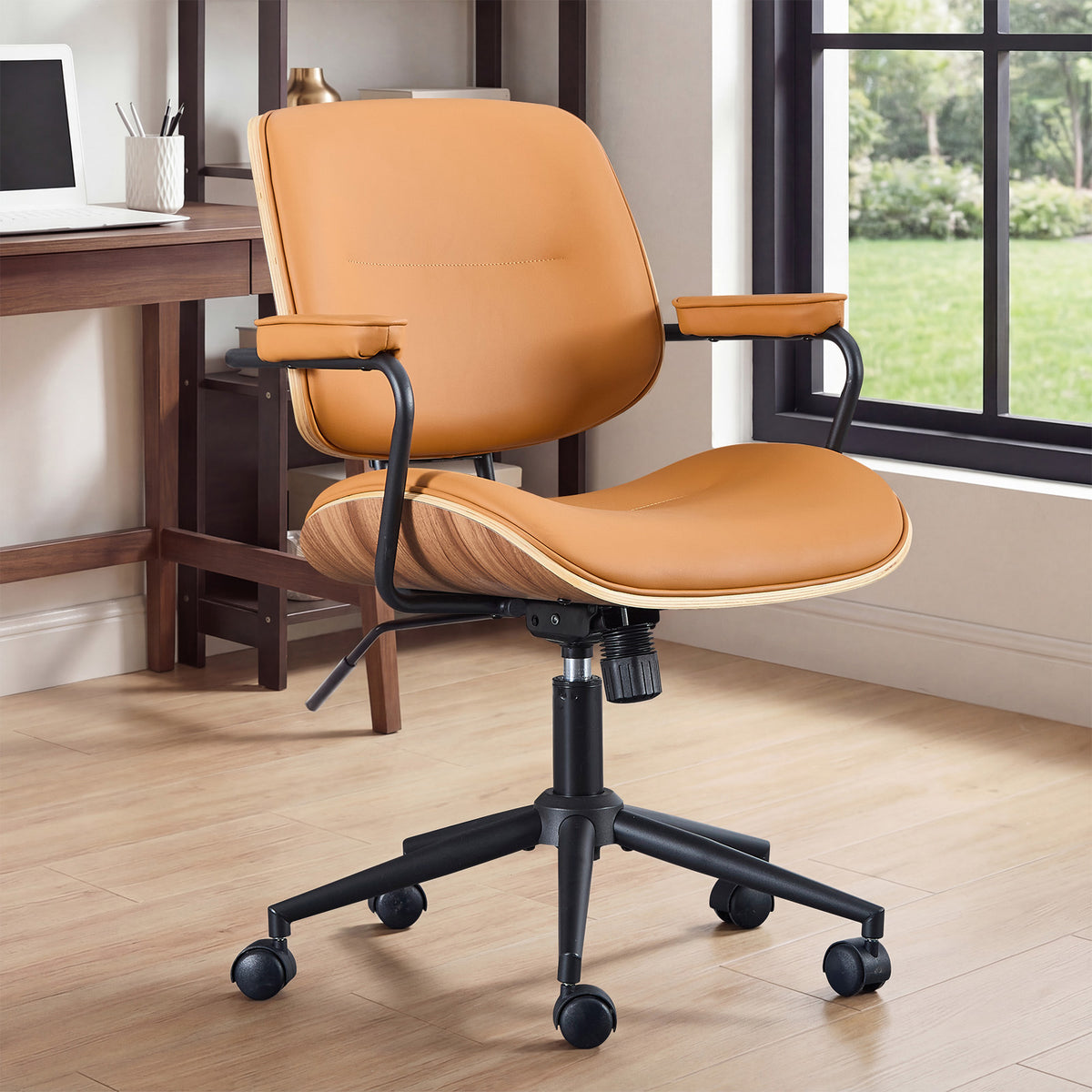Mid Century Modern Office Chair with Armrest and Adjustable Backrest, Black | Wooden frame with armrests & adjustable backrest, swivel & height-adjustable, PU leather seat for home office comfort