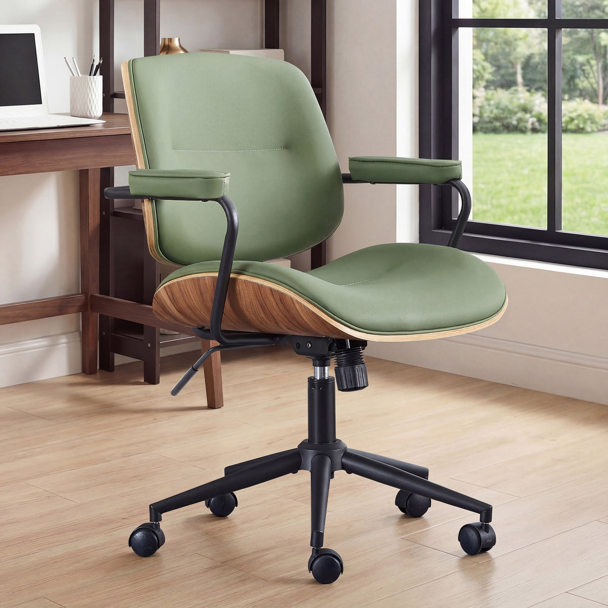 Mid Century Modern Office Chair with Armrest and Adjustable Backrest, Black | Wooden frame with armrests & adjustable backrest, swivel & height-adjustable, PU leather seat for home office comfort