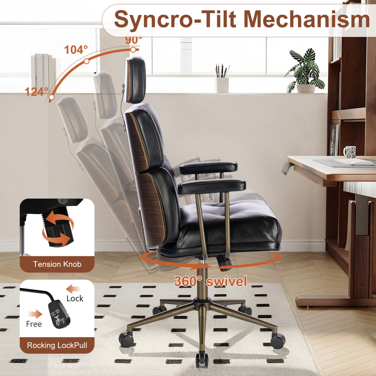 Mid-Century Modern Ergonomic Office Chair, High Back Headrest, Black | Faux Leather Executive Desk Chair, Walnut Bentwood & Adjustable Headrest, Swivel Computer Chair for Home Office, 300LBS Cap
