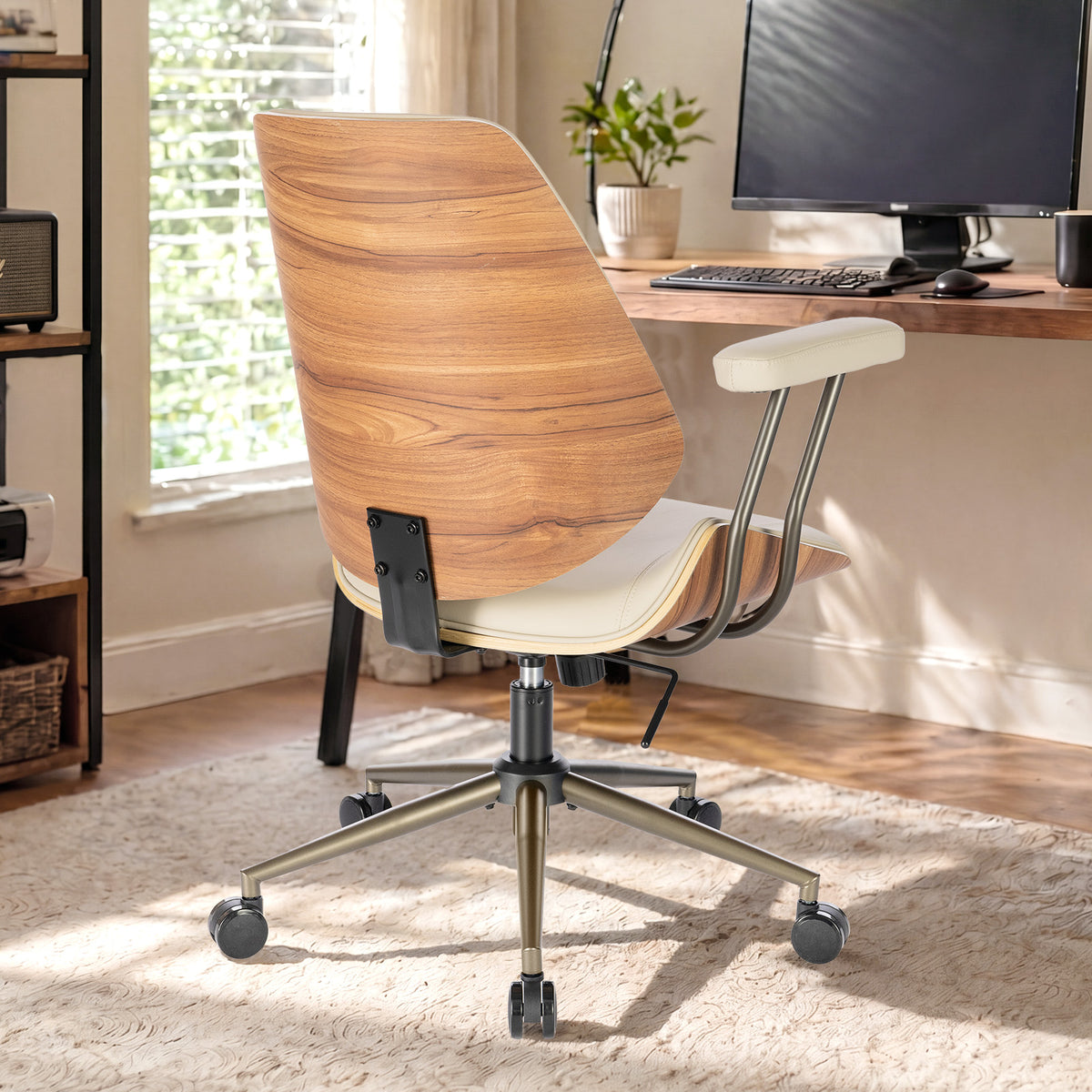 Modern Mid Back Office Chair, Adjustable Swivel Desk Chair with Arms, Black | Faux leather seat, wood accent detail, mid-back with padded armrests, adjustable swivel, for home office, bedroom & study